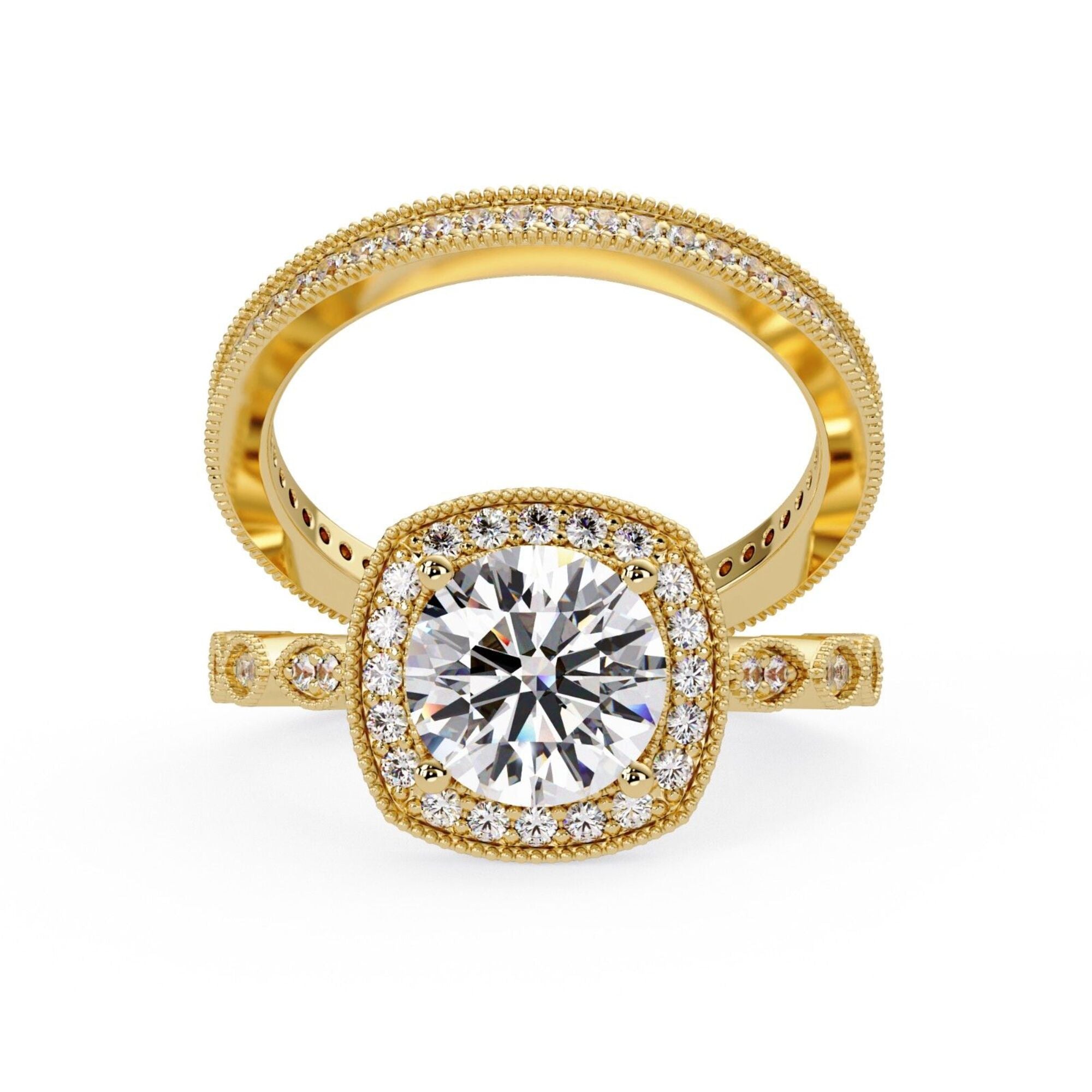 Shop MYZA 2.305 Ct IGI Certified Round Brilliant Lab-Grown Diamond Halo Stack Ring in 18K Hallmarked Gold with 87 side diamonds. Ethical luxury, certified brilliance.