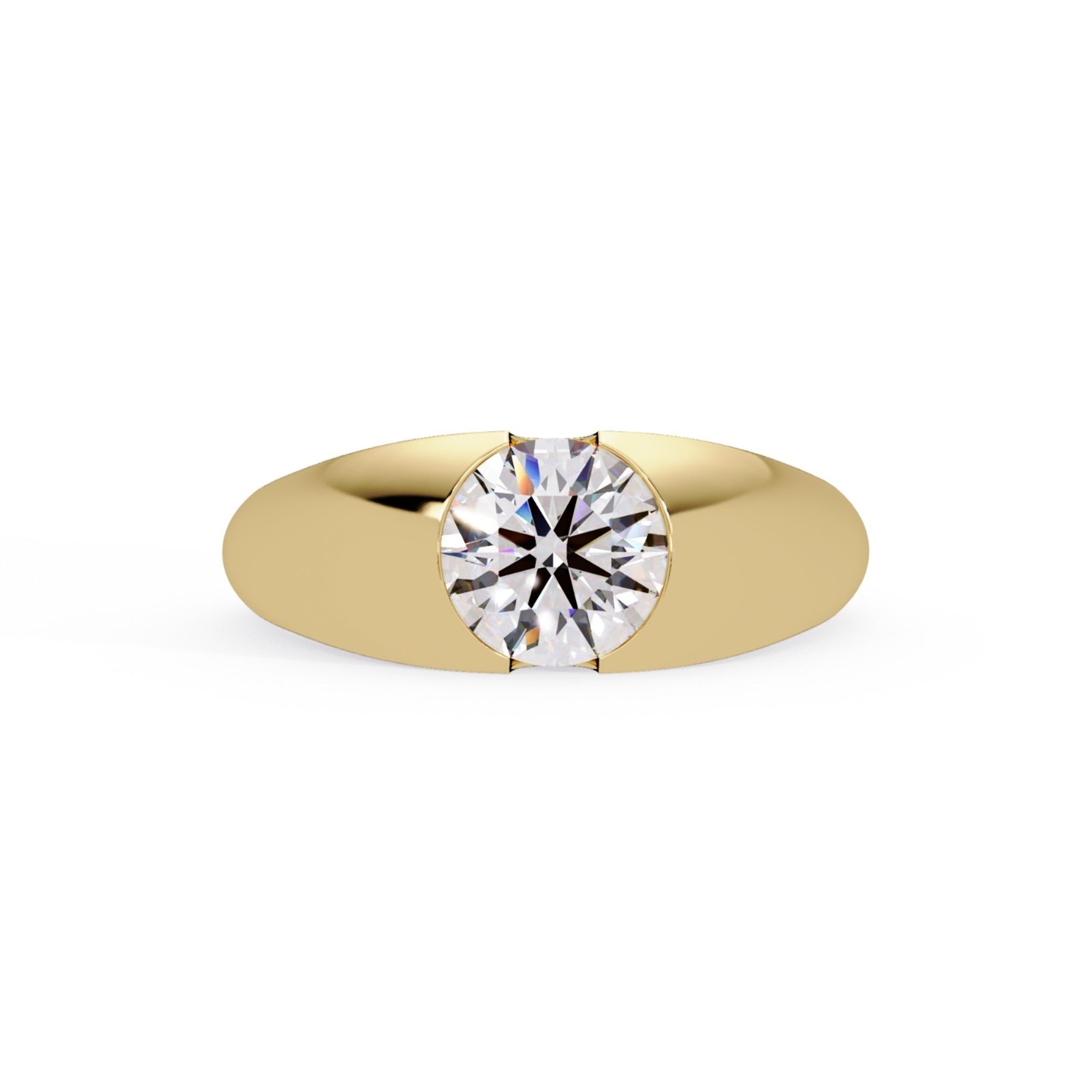 Shop MYZA's 1 Carat IGI Certified Round Brilliant Lab-Grown Diamond Dome Ring in 18K Hallmarked Gold. Ethical luxury. Certified brilliance. Free shipping in India.
