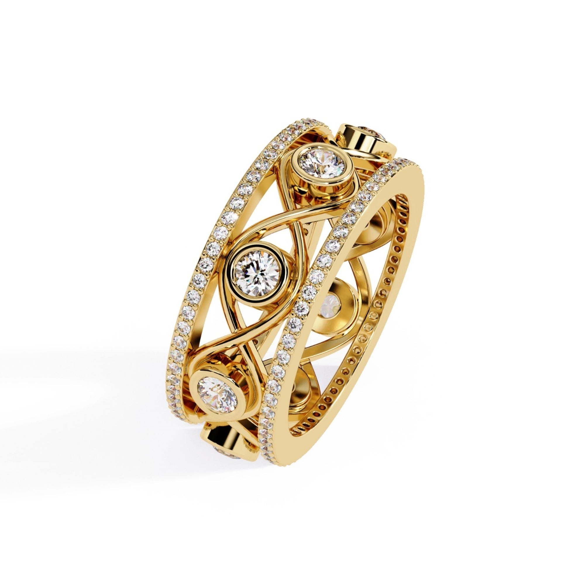 Shop MYZA's 1.42 Ct lab-grown diamond band ring in 18K hallmarked gold. 132 ethically grown diamonds. Free shipping across India.