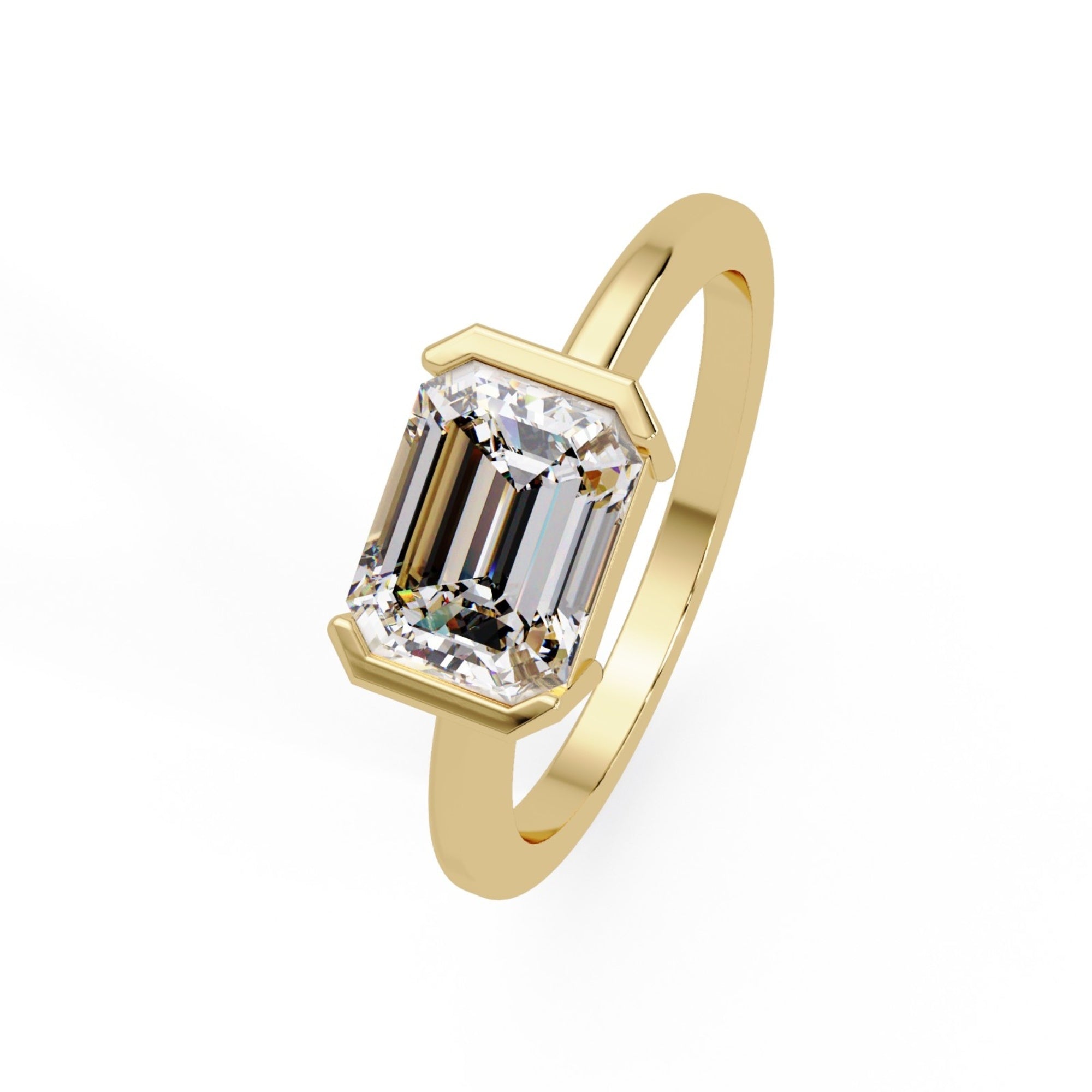 Shop MYZA 2 Carat IGI Certified Emerald Cut Lab-Grown Diamond Bezel Engagement Ring in 18K BIS Hallmarked Gold. Ethical luxury, conflict-free, made in India.