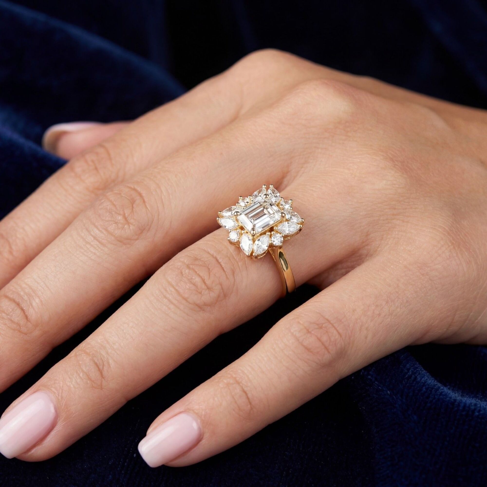 Shop MYZA's 1.76 ct IGI certified emerald cut lab-grown diamond ring in 18K hallmark gold. Ethically grown, BIS hallmarked, with round & marquise accents.