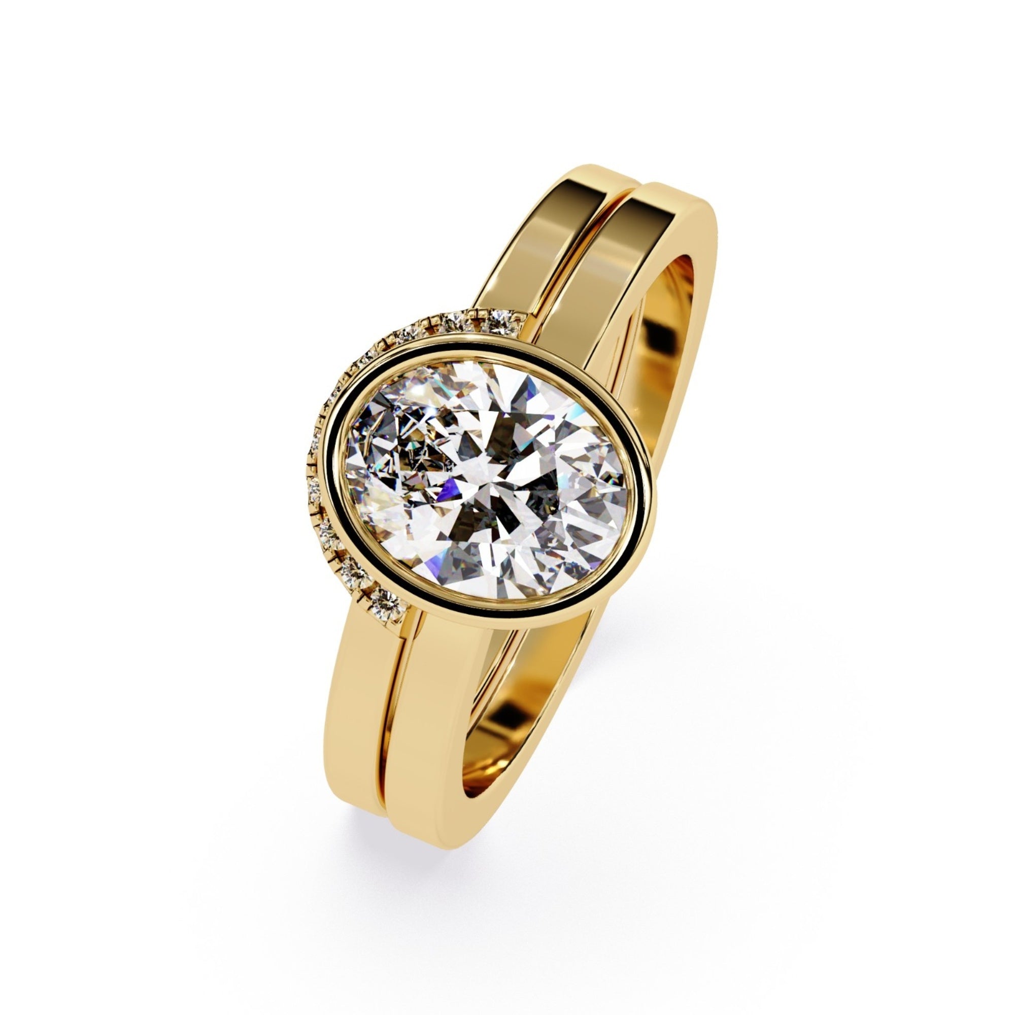 Shop MYZA's 2 Carat IGI Certified Oval Cut Lab-Grown Diamond Bridal Set Ring in 18K Hallmarked Gold with 10 round side diamonds. Ethical luxury, certified brilliance.