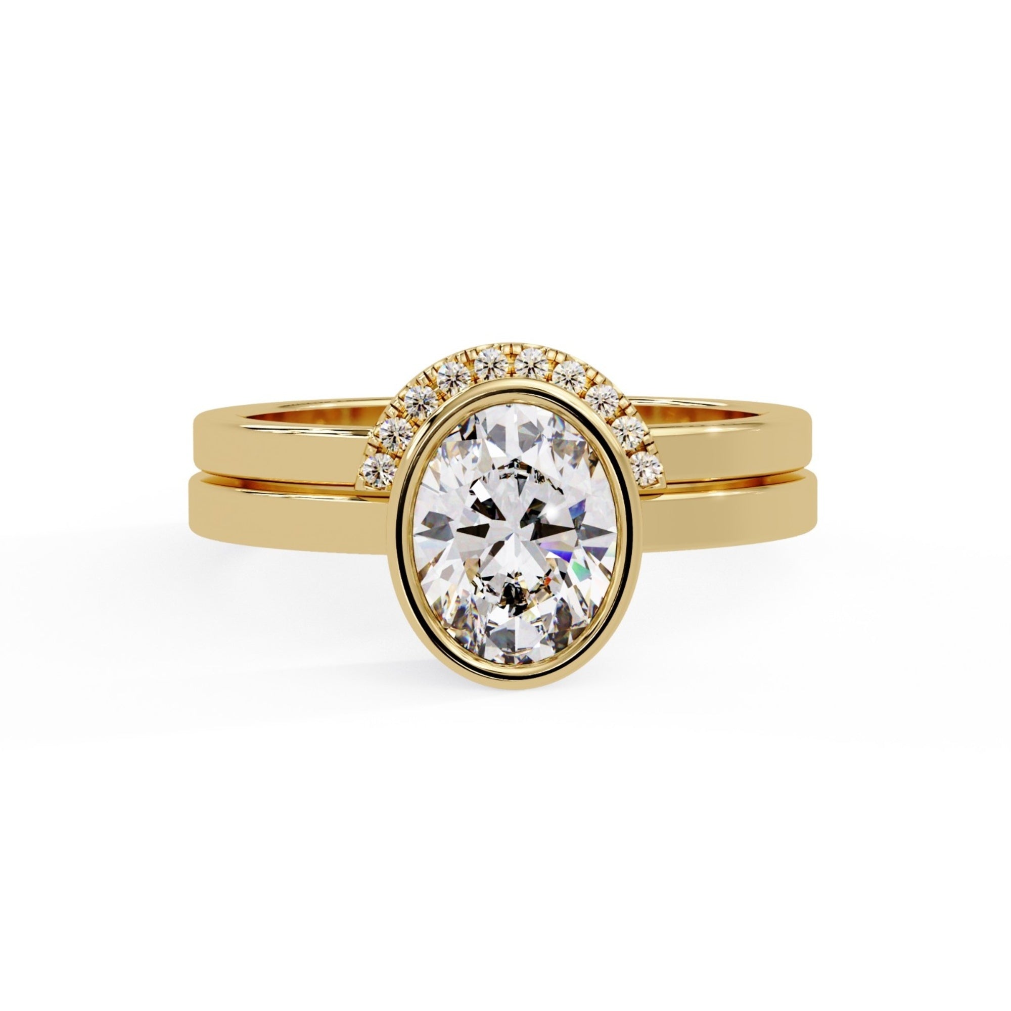 Shop MYZA's 2 Carat IGI Certified Oval Cut Lab-Grown Diamond Bridal Set Ring in 18K Hallmarked Gold with 10 round side diamonds. Ethical luxury, certified brilliance.