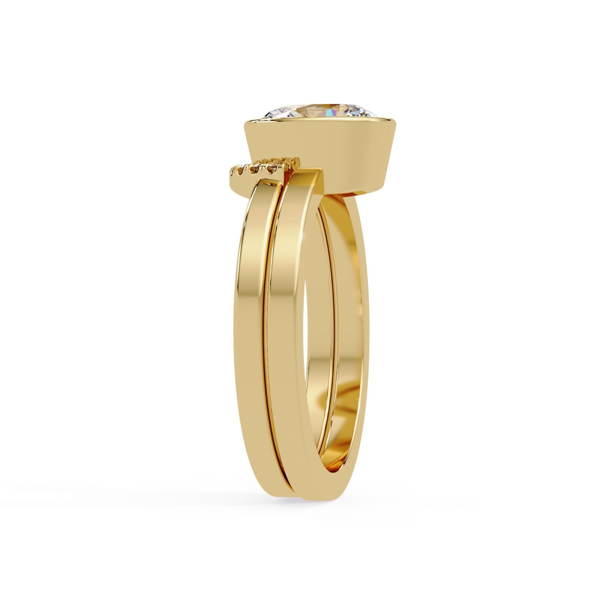 Shop MYZA's 2 Carat IGI Certified Oval Cut Lab-Grown Diamond Bridal Set Ring in 18K Hallmarked Gold with 10 round side diamonds. Ethical luxury, certified brilliance.