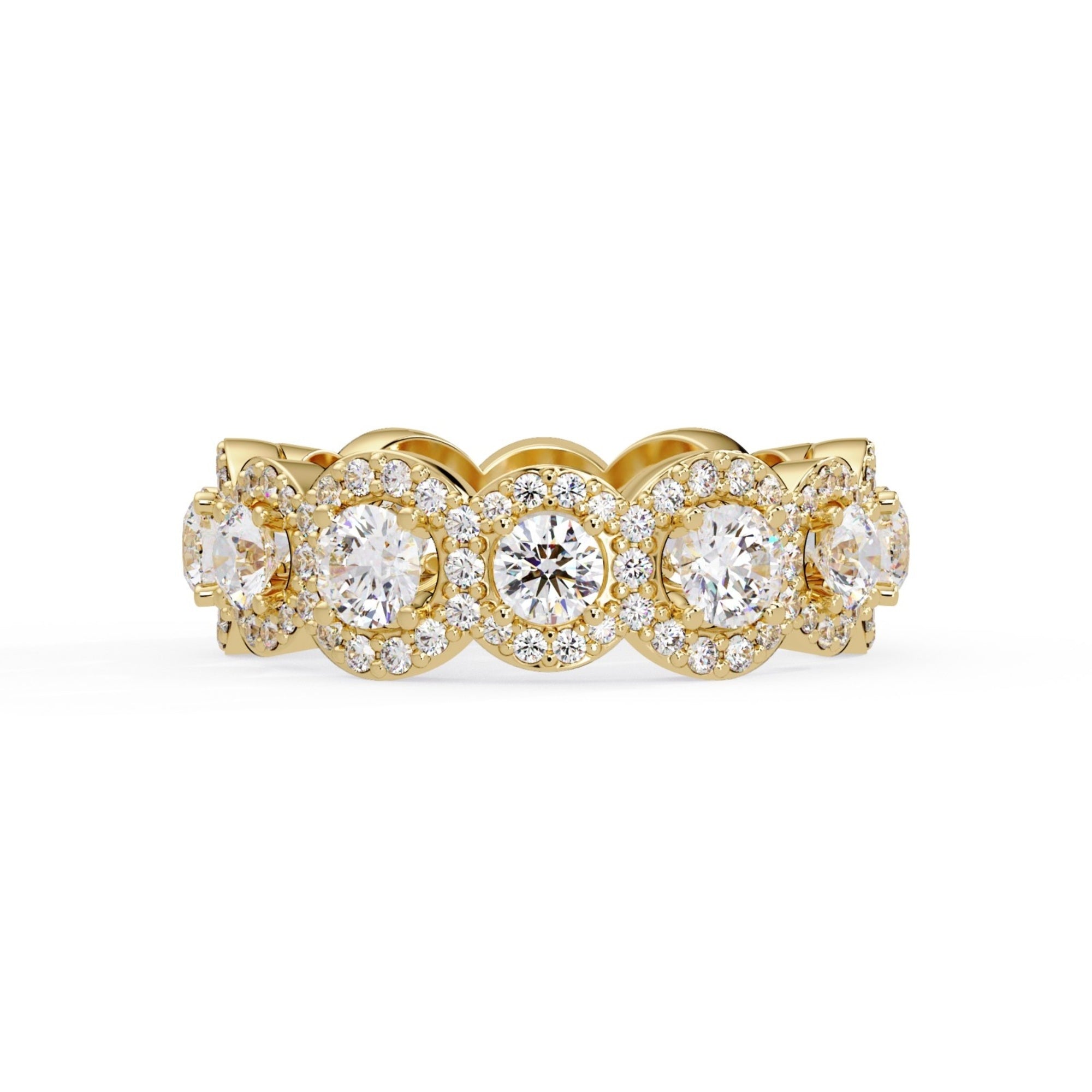 Shop MYZA's 4.065 carat IGI certified lab-grown diamond halo band ring in 18K hallmarked gold. 147 round brilliant cut diamonds. Ethical luxury, free shipping.