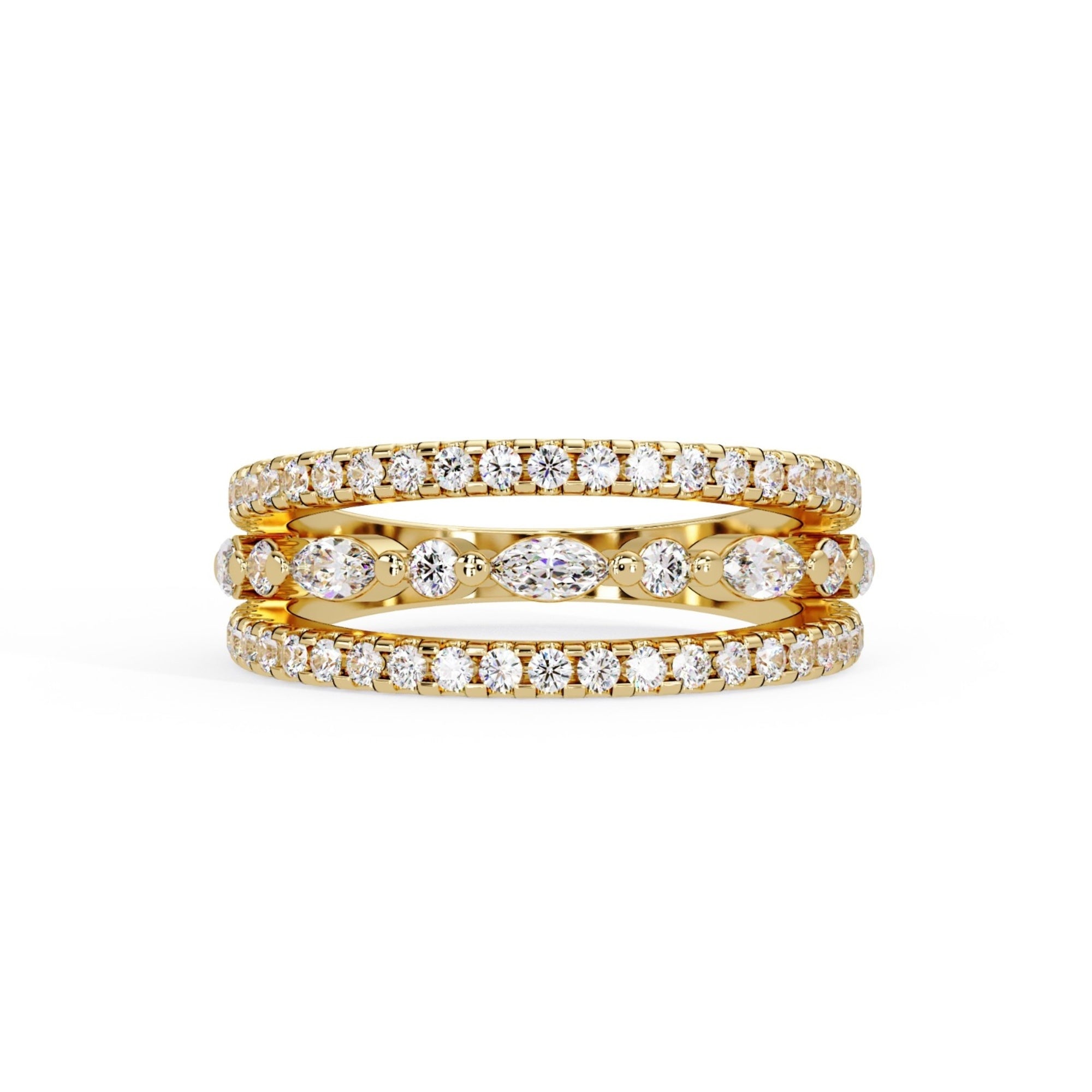 Shop MYZA's 1.17 ct lab-grown diamond trio eternity ring in 18K hallmarked gold. IGI-certified Round & Marquise cut diamonds. Ethical luxury.
