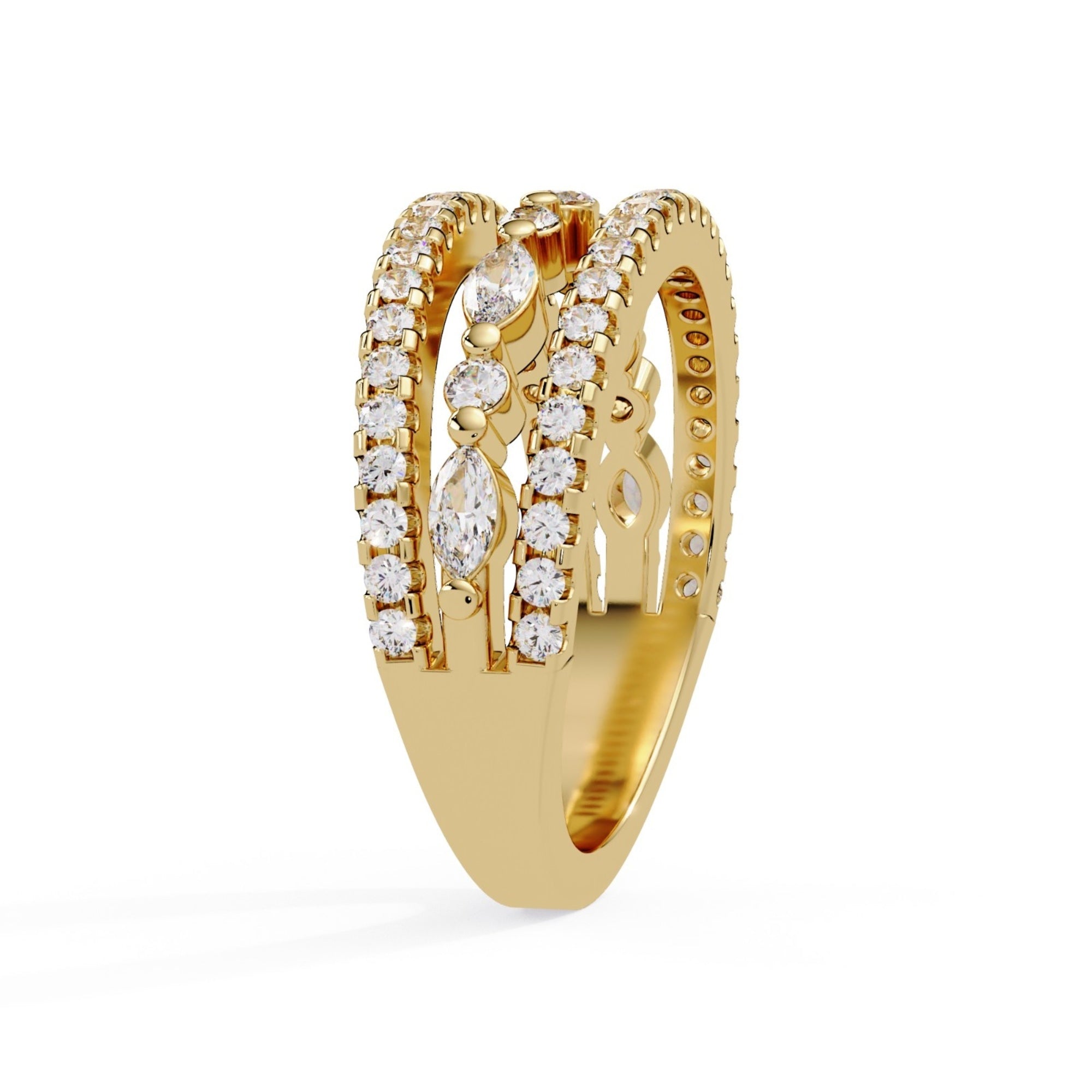 Shop MYZA's 1.17 ct lab-grown diamond trio eternity ring in 18K hallmarked gold. IGI-certified Round & Marquise cut diamonds. Ethical luxury.
