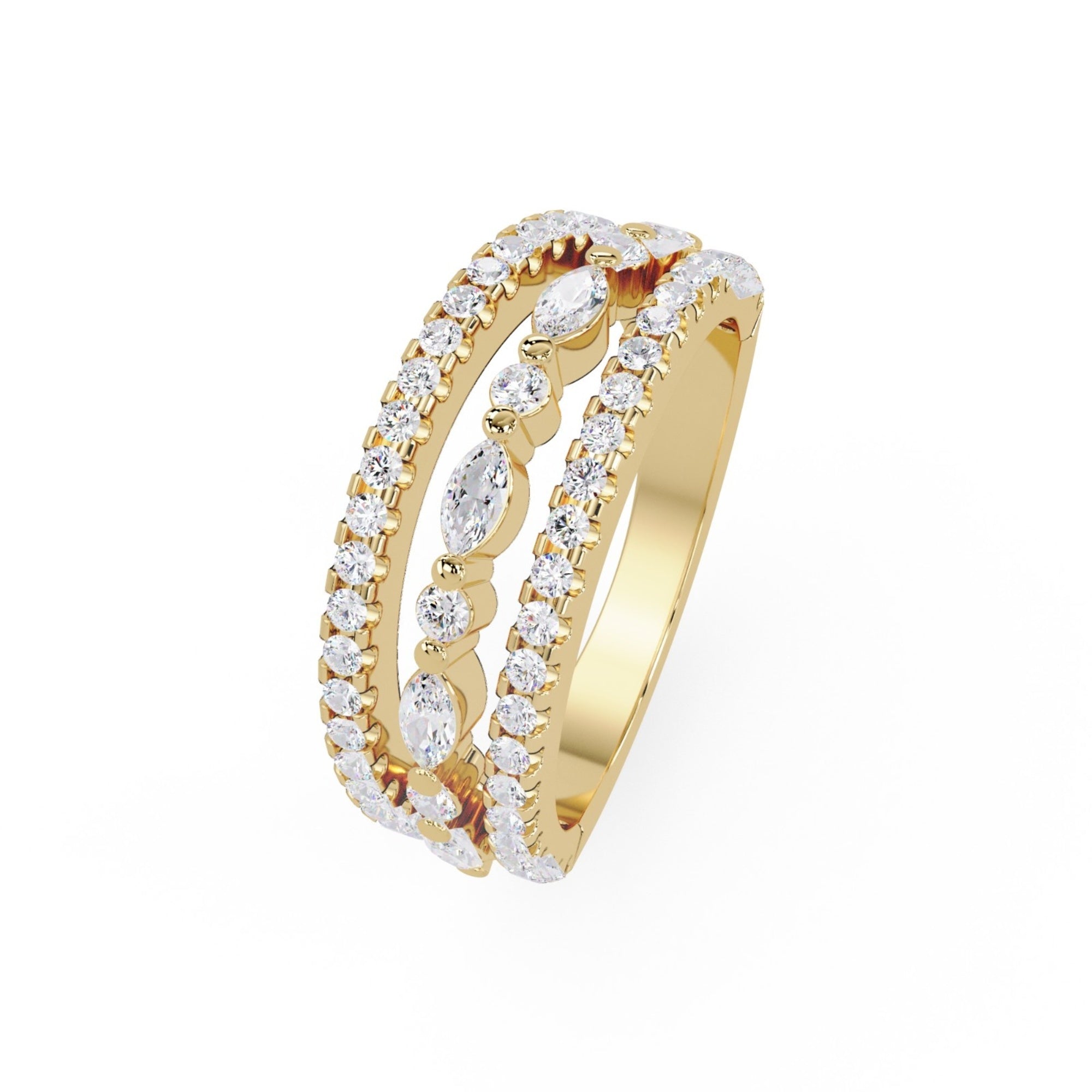 Shop MYZA's 1.17 ct lab-grown diamond trio eternity ring in 18K hallmarked gold. IGI-certified Round & Marquise cut diamonds. Ethical luxury.
