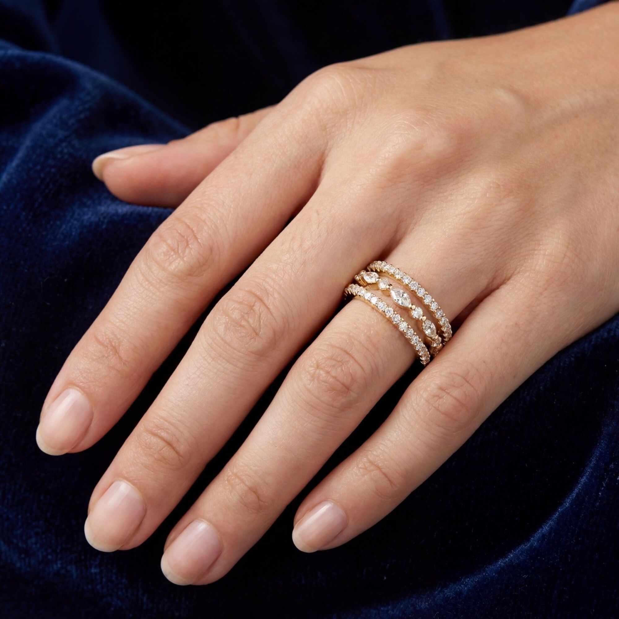 Shop MYZA's 1.17 ct lab-grown diamond trio eternity ring in 18K hallmarked gold. IGI-certified Round & Marquise cut diamonds. Ethical luxury.