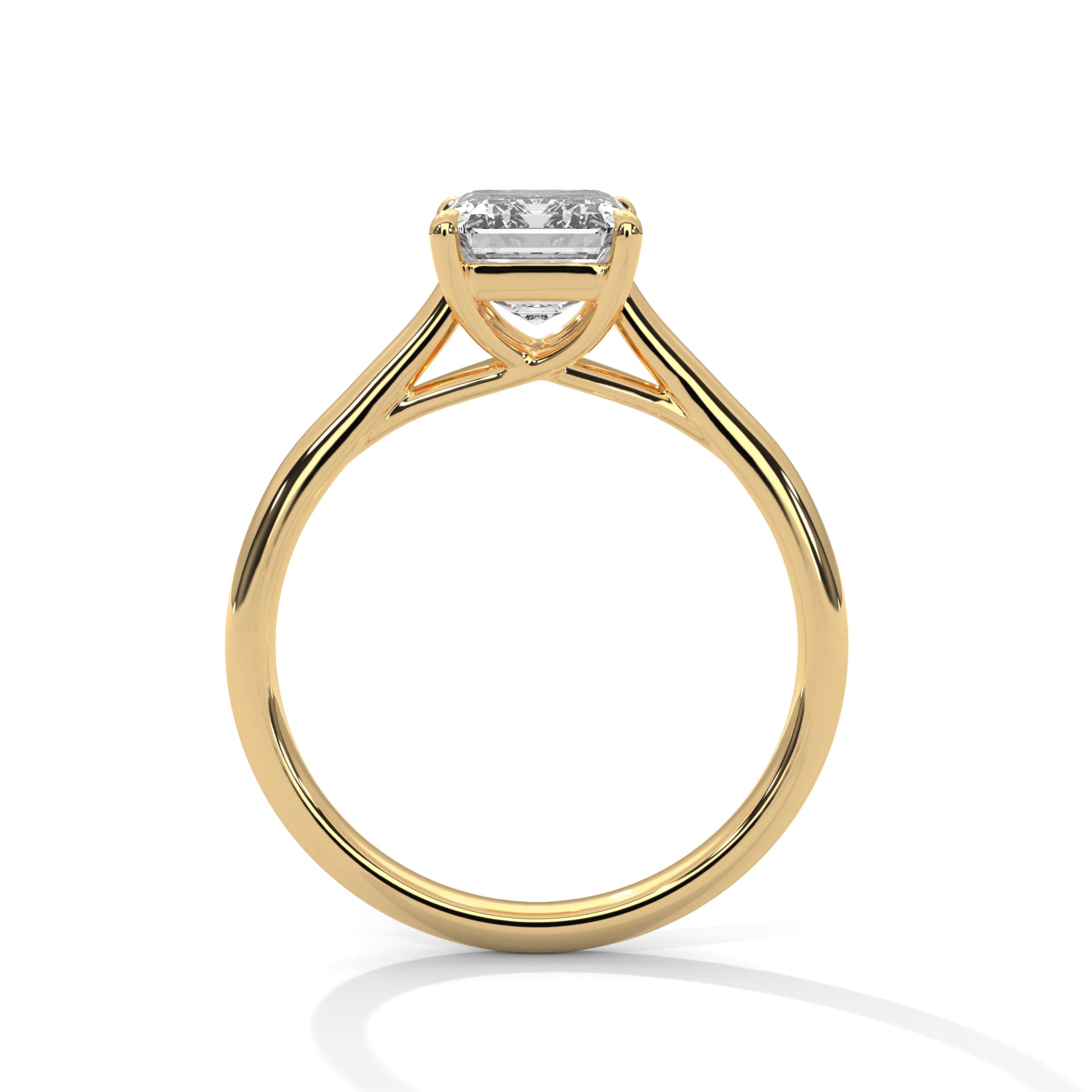 all-groupsStanding view of MYZA Diamonds' emerald cut lab-grown diamond classic band ring in 18K hallmark gold, showcasing its sleek design and brilliant diamond. This elegant ring is a luxurious, sustainable option for engagement or wedding rings.