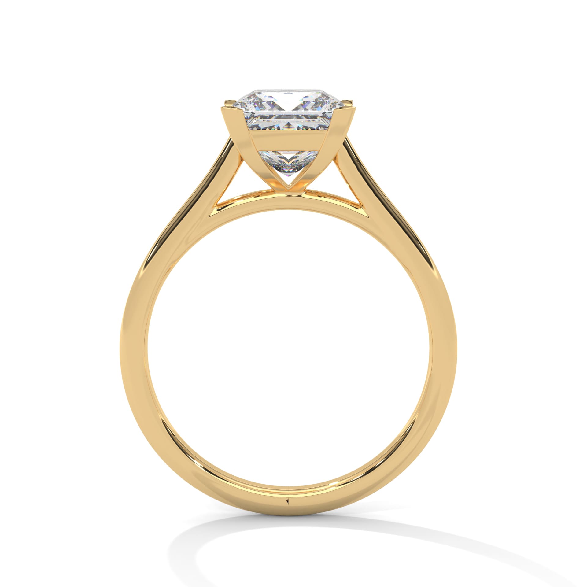 all-groups MYZA classic princess cut diamond ring with a yellow gold band, displayed standing. This image highlights the elegant design and high-quality lab-grown diamond of the ring, perfect for showcasing luxury and sophistication.