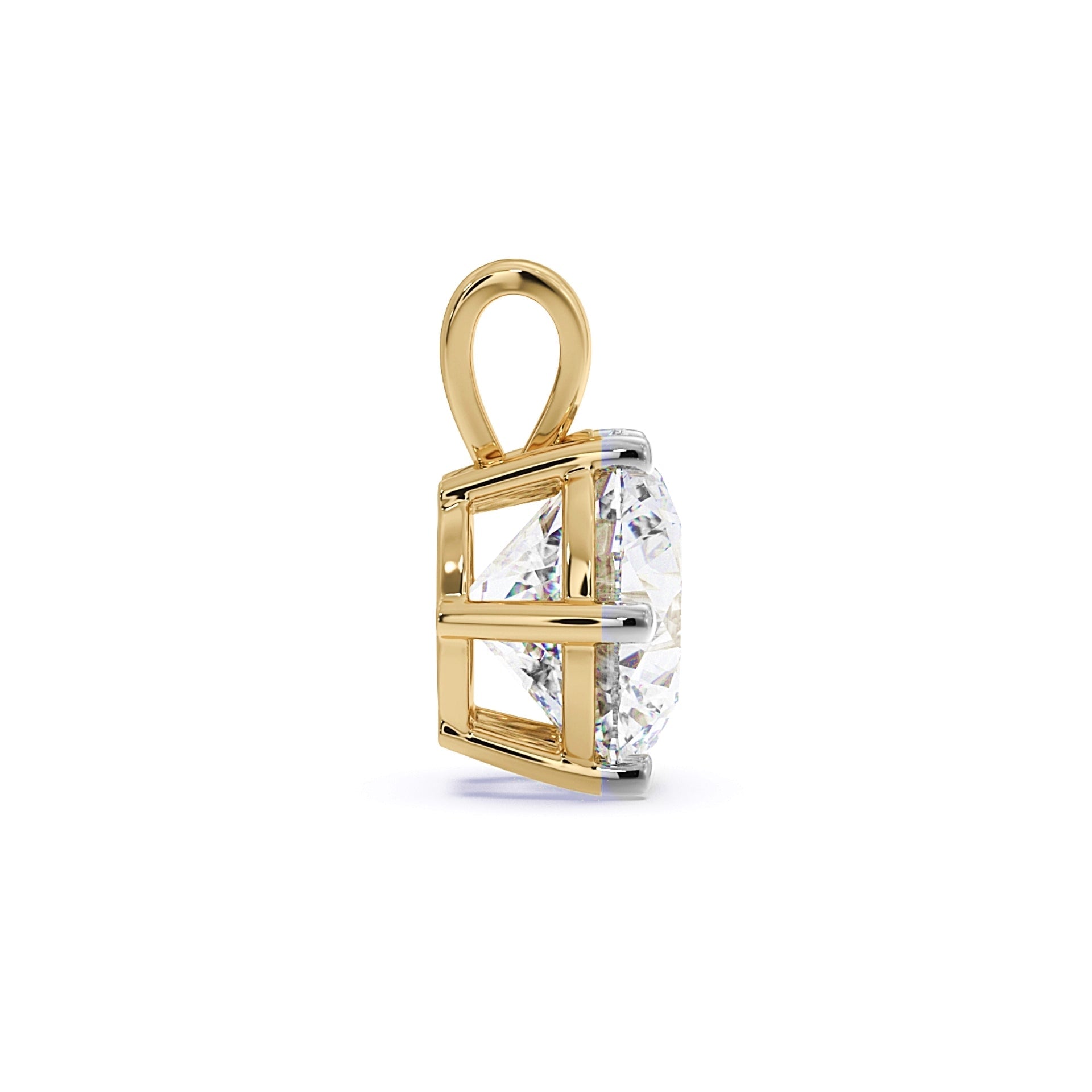 Side view of MYZA 2 carat IGI certified lab-grown diamond Pendant for women delicately set in secure six-prong settings crafted in 18kt hallmark yellow gold.
