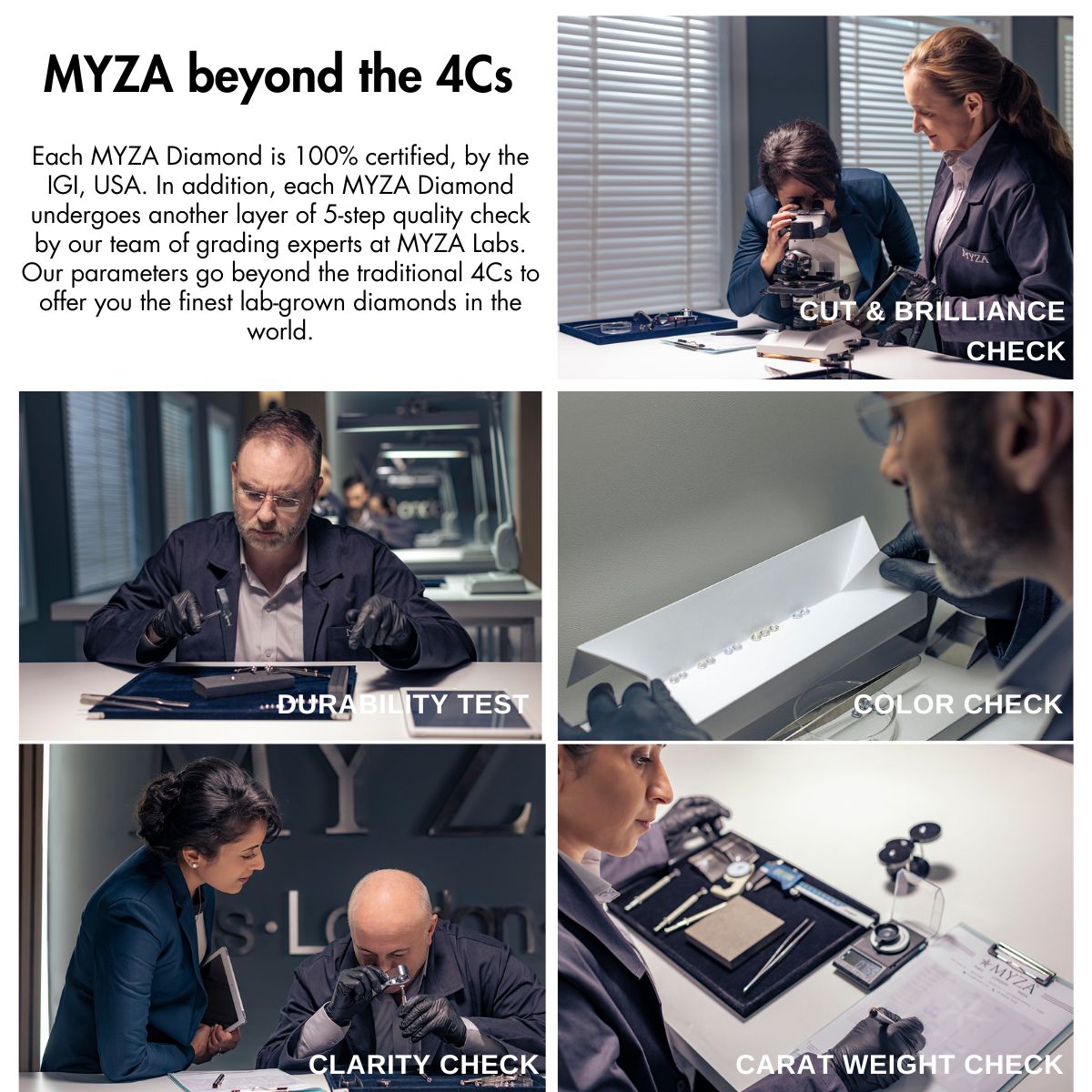 MYZA Beyond 4Cs 5 step quality check ensures brilliance, durability, color, clarity, and carat weight. ISO, BIS certification, and hallmark guarantee standards. Explore MYZA's certified jewelry for trusted quality and timeless elegance.