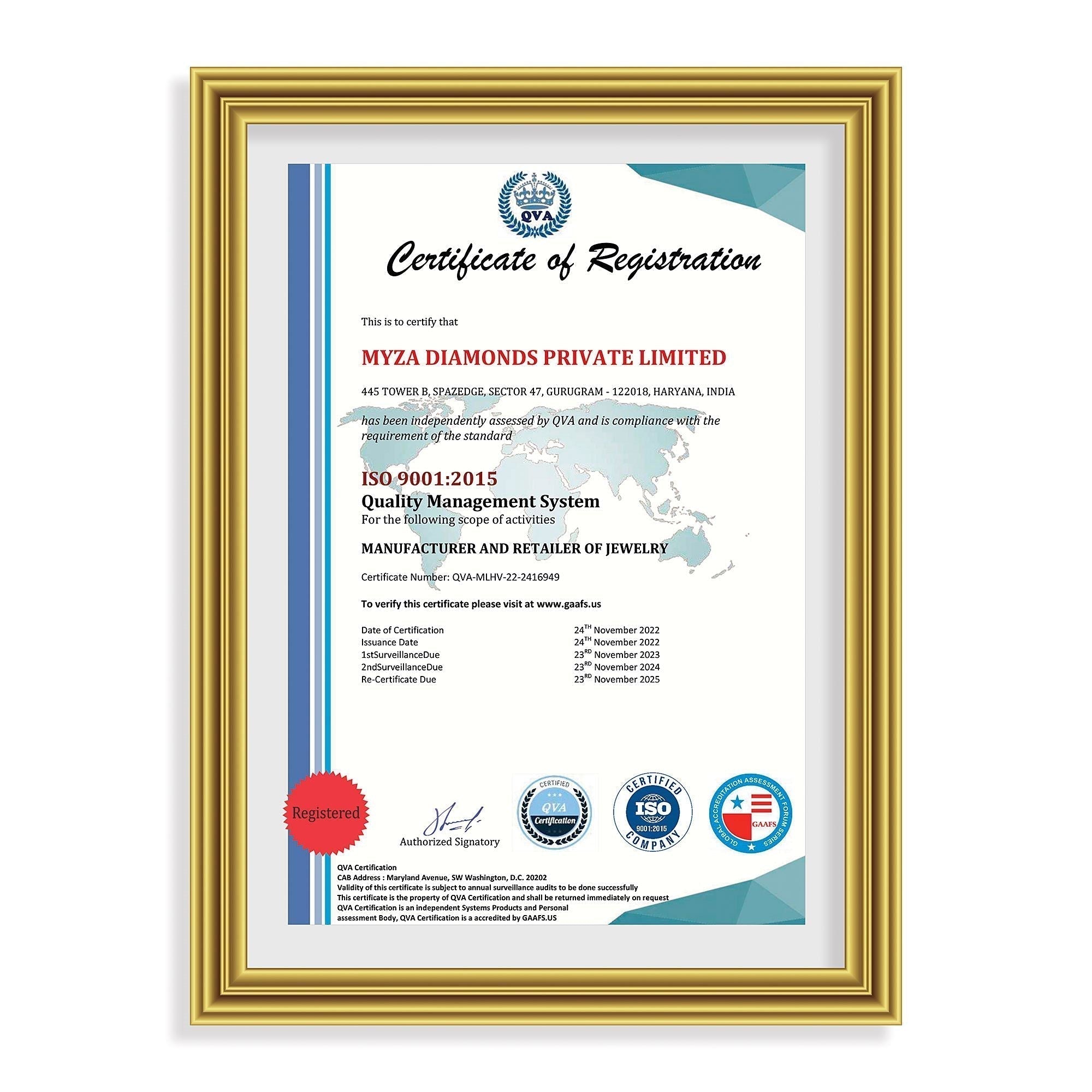 MYZA Solitaire Diamonds Jewelry ISO 9001 Certificate