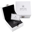 MYZA branded jewelry box with black interior and white exterior on a white background