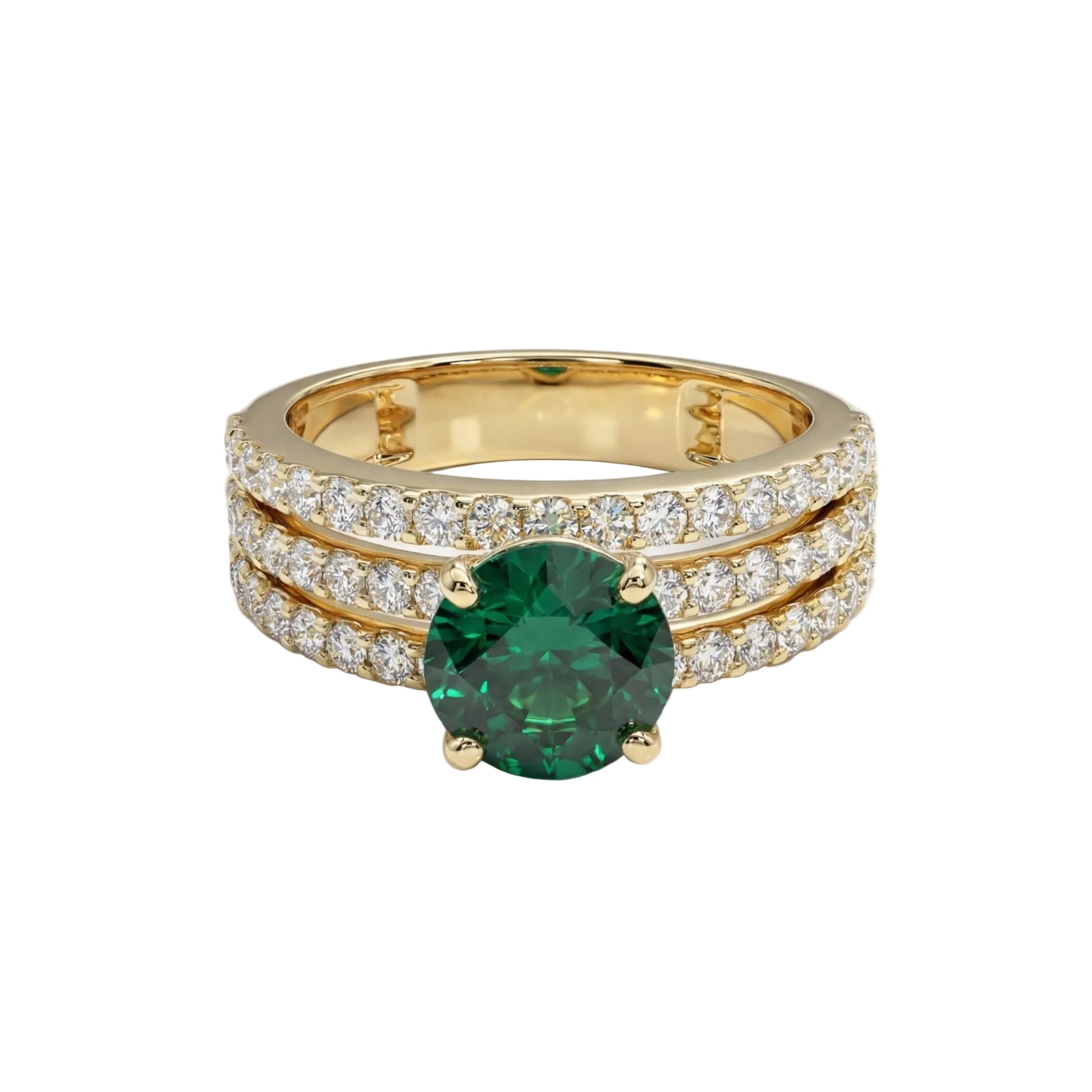 This MYZA Certified 11.2 Carats Round Cut Zambian Green Women's ring features a brilliant lab-grown Zambian emerald set in premium 18K hallmarked gold, blending the classic fire of a round brilliant cut with the rich, ethical luxury of vivid green gemstones.