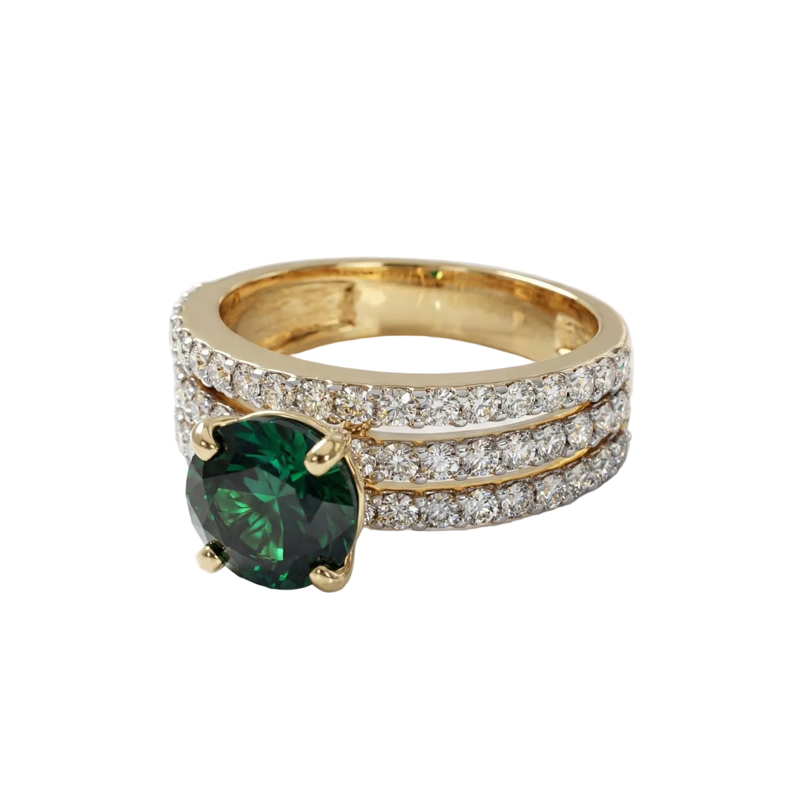 This MYZA Certified 11.2 Carats Round Cut Zambian Green Women's ring features a brilliant lab-grown Zambian emerald set in premium 18K hallmarked gold, blending the classic fire of a round brilliant cut with the rich, ethical luxury of vivid green gemstones.