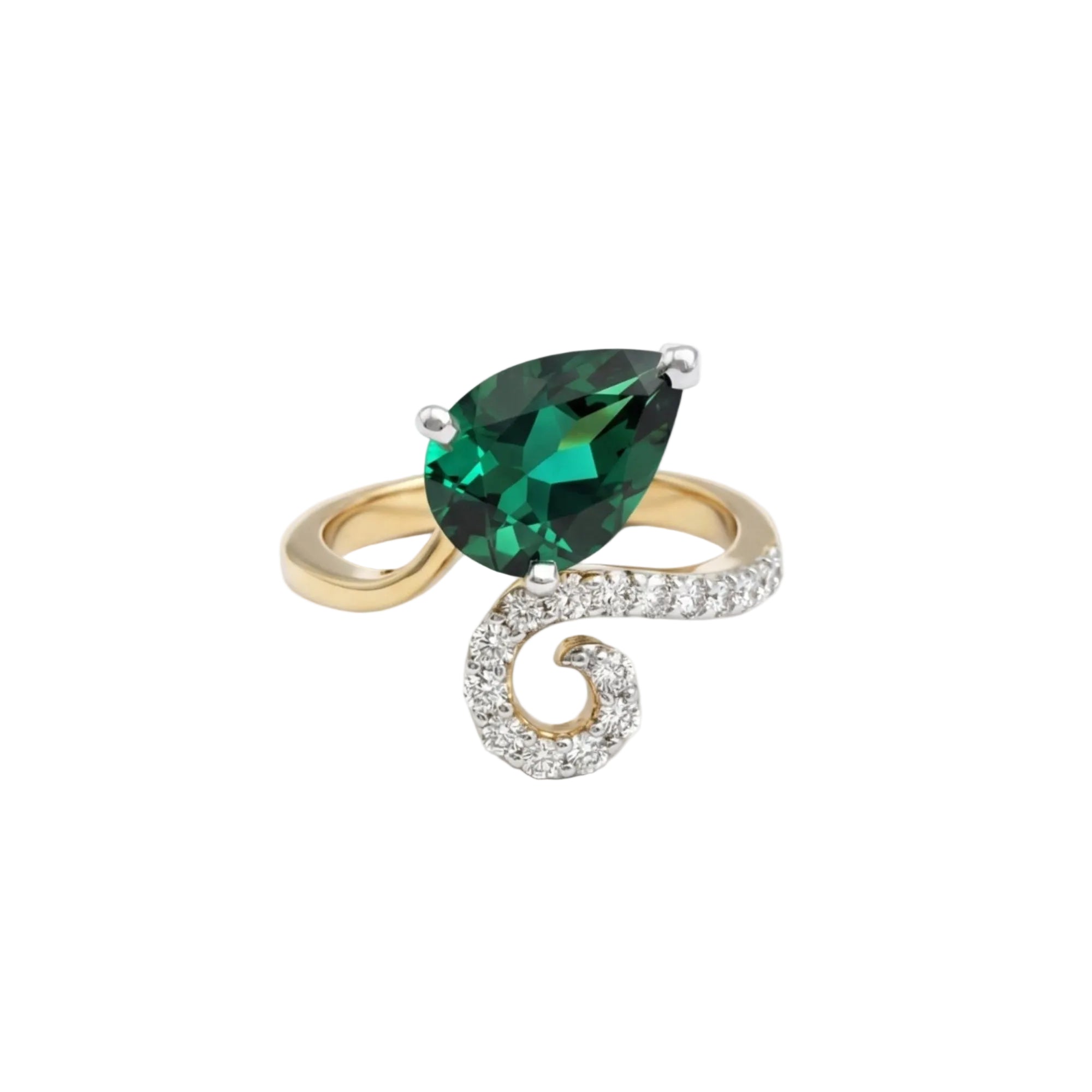 This MYZA Certified 1.7 Carats Pear Cut Zambian Women's ring showcases a vibrant, lab-grown Zambian emerald in a 14K hallmarked gold setting, combining a contemporary teardrop silhouette with a brilliant diamond halo for a sustainable luxury finish.
