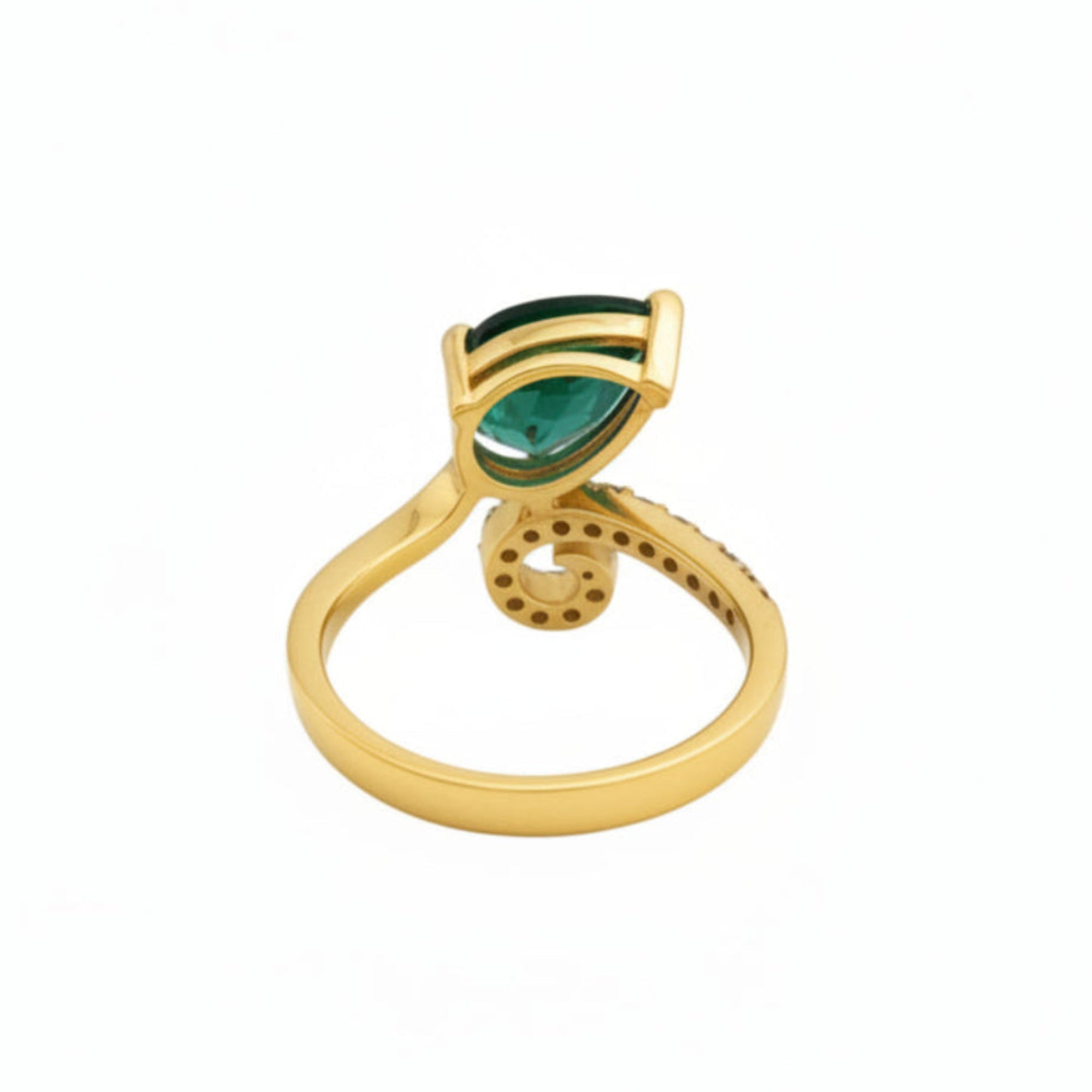 This MYZA Certified 1.7 Carats Pear Cut Zambian Women's ring showcases a vibrant, lab-grown Zambian emerald in a 14K hallmarked gold setting, combining a contemporary teardrop silhouette with a brilliant diamond halo for a sustainable luxury finish.