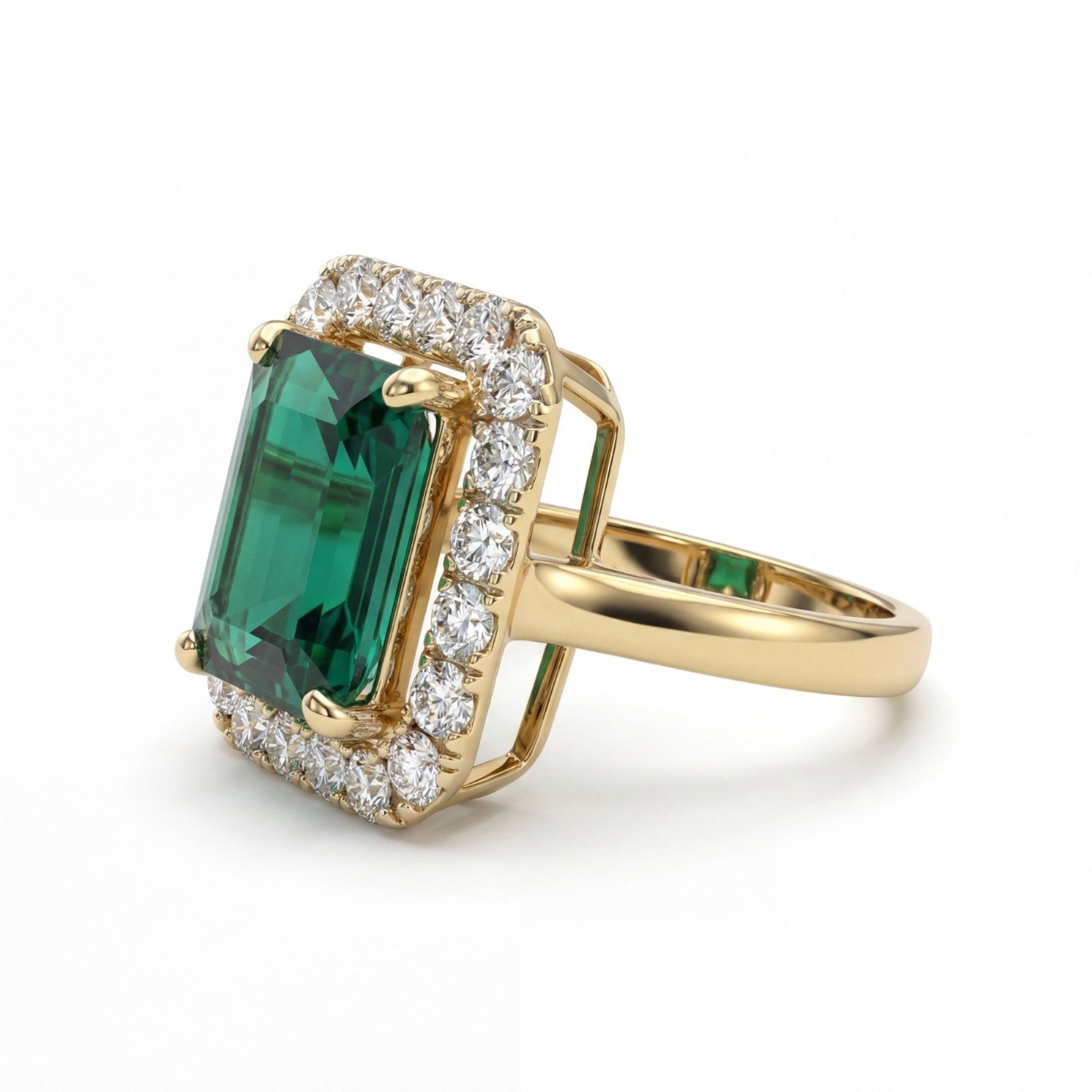 This MYZA Certified 5 Carats Emerald Cut Zambian Green Women's Ring combines a vivid, lab-grown Zambian emerald with 14K hallmarked gold and brilliant diamond accents for a bold, sustainable luxury statement.