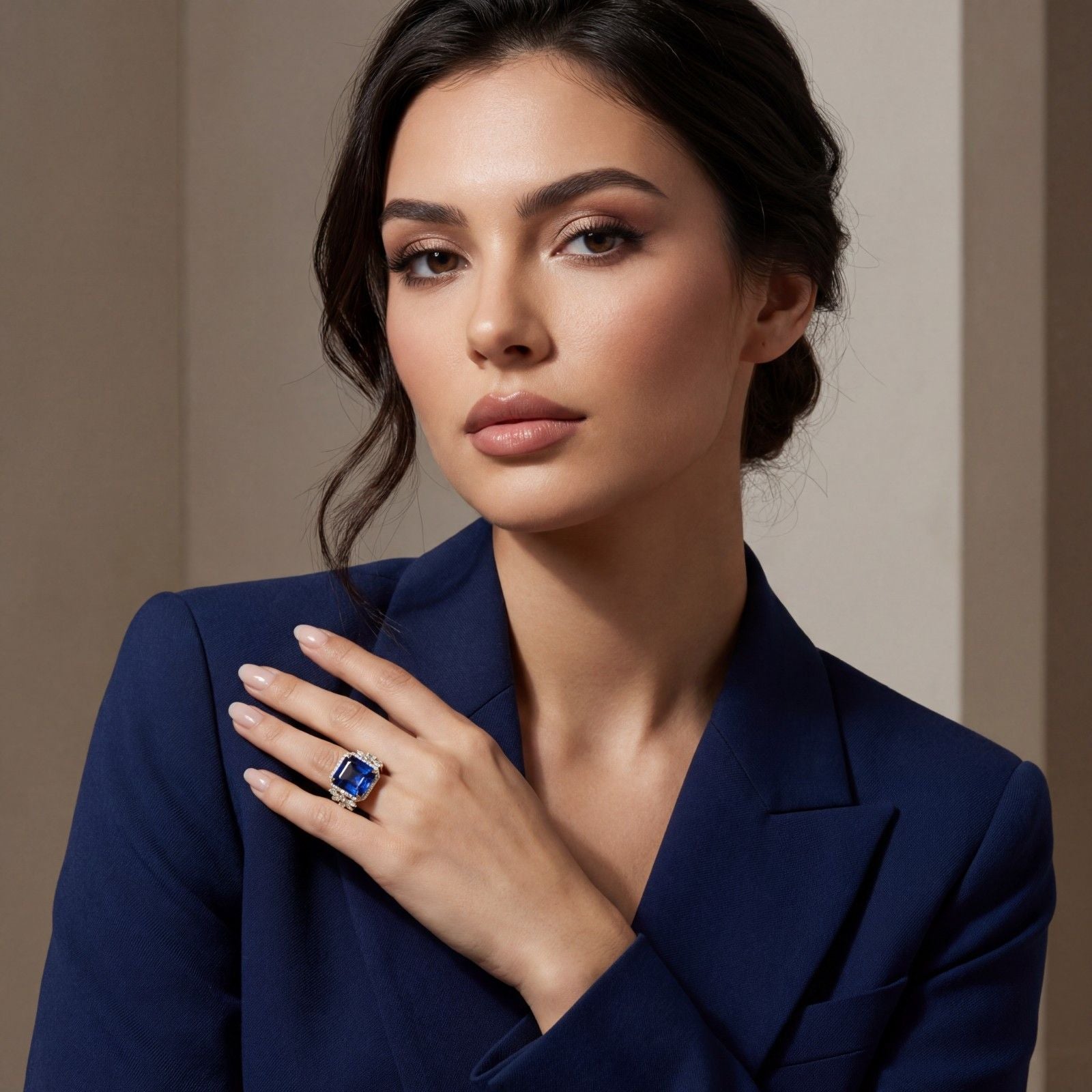 This MYZA Certified 10.12-carat Asscher-cut ring features a magnificent lab-grown Sapphire blue gemstone centerpiece encircled by a&nbsp;brilliant diamond halo and flanked by exquisite marquise diamond floral clusters, all set in premium 14K hallmarked gold