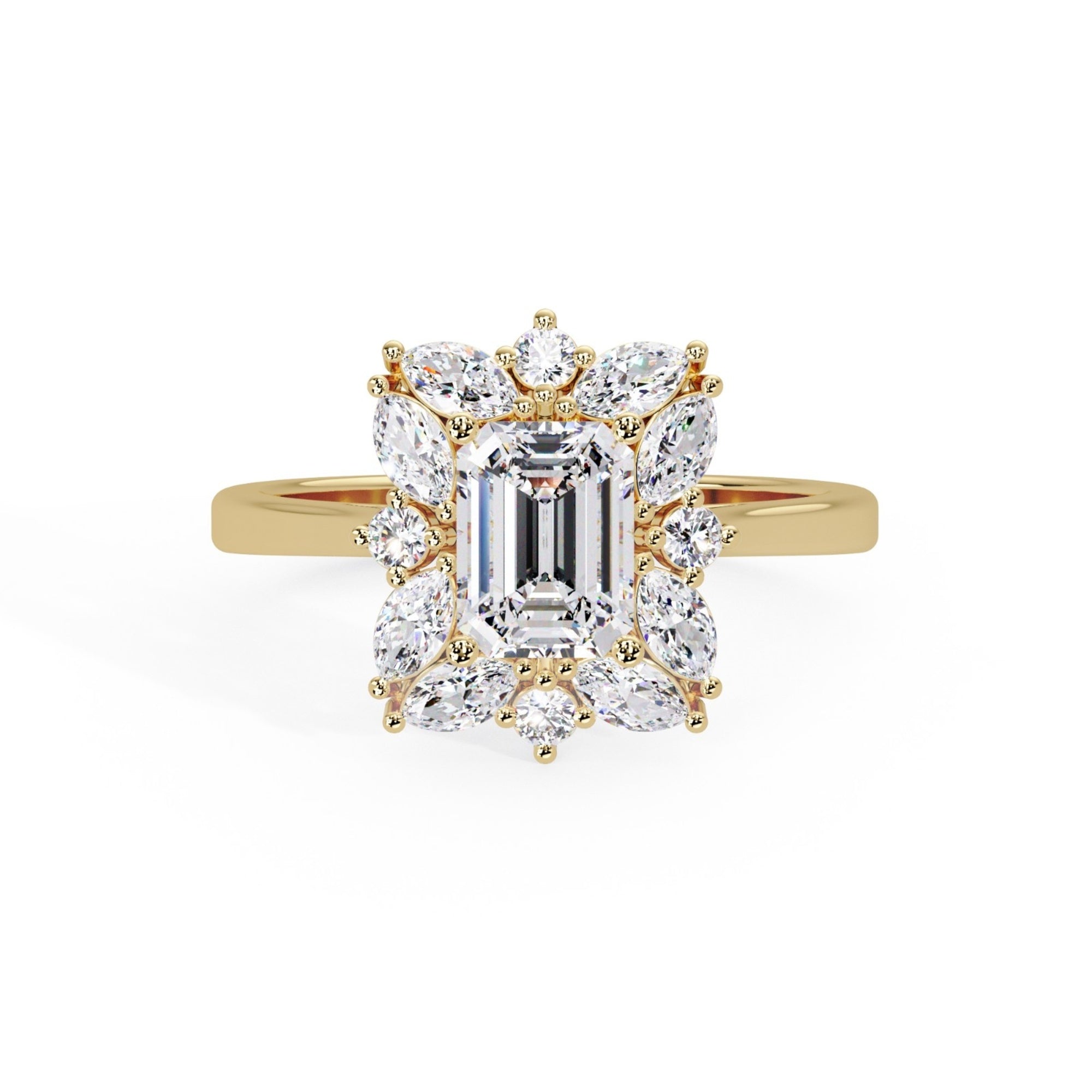 Shop MYZA's 1.76 ct IGI certified emerald cut lab-grown diamond ring in 18K hallmark gold. Ethically grown, BIS hallmarked, with round & marquise accents.