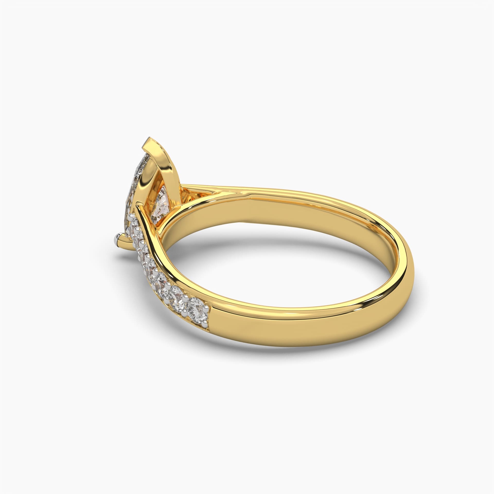 Side view of MYZA Diamonds' 2-carat eternity band with pear cut lab-grown diamonds in 18K hallmark gold. This angle showcases the sleek band and the profile of the continuous pear-shaped diamonds, highlighting the ring’s refined elegance, sustainable design, and brilliant sparkle, perfect for a sophisticated engagement or wedding ring.