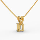 Side profile of an elegant lab grown emerald cut diamond pendant, highlighting the solitaire setting and delicate gold chain. Sustainable and stylish design by MYZA Diamonds, perfect for environmentally conscious jewelry lovers.