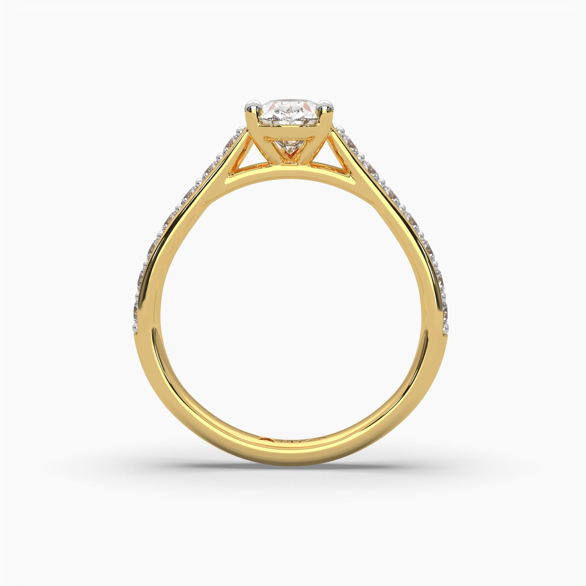 Standing front view of MYZA Diamonds' 2-carat eternity band featuring pear cut lab-grown diamonds in 18K hallmark gold. This angle highlights the continuous circle of pear-shaped diamonds, showcasing the ring's elegant, timeless design, brilliant sparkle, and sustainable craftsmanship, ideal for engagement or anniversary celebrations.