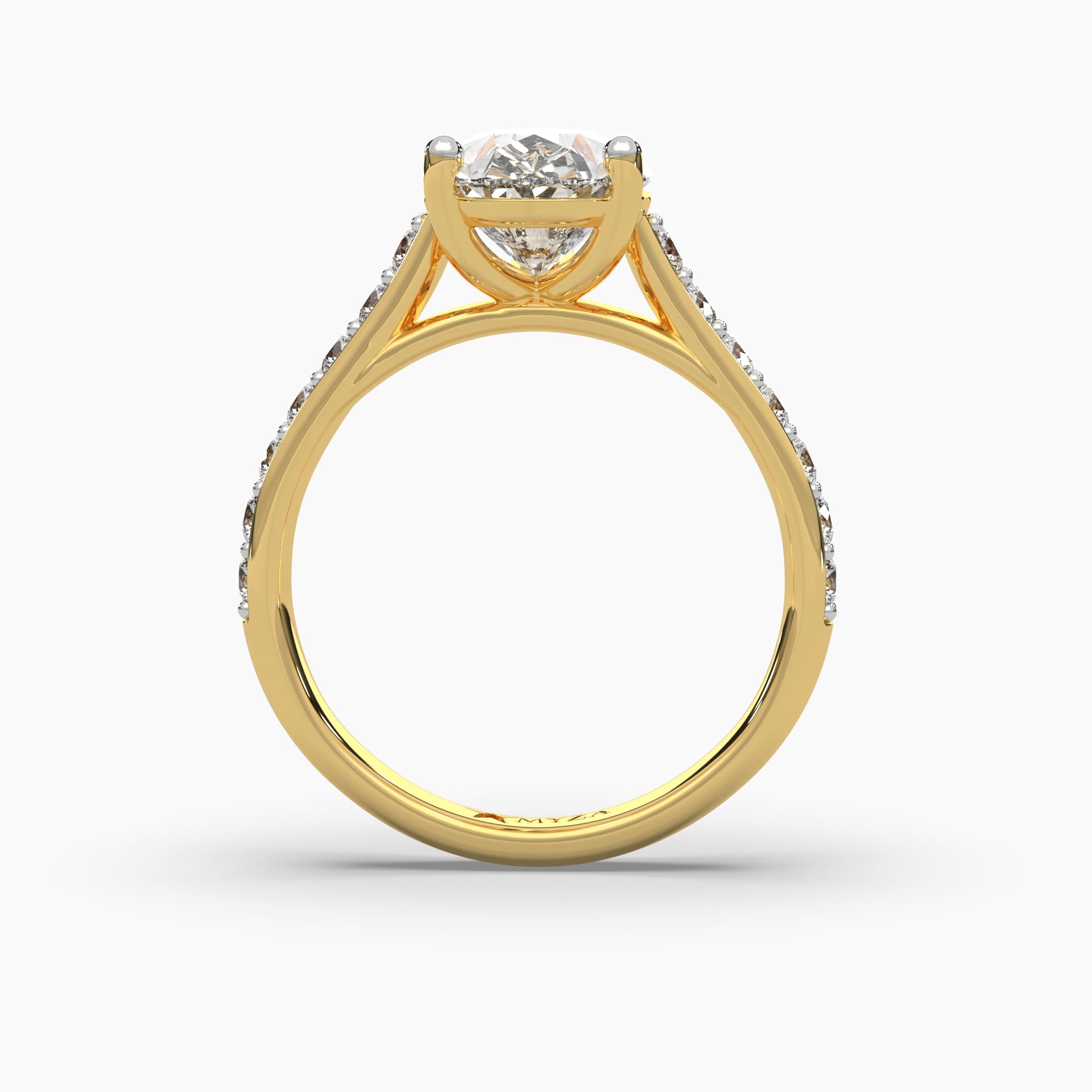 Standing front view of MYZA Diamonds' 4-carat eternity band featuring pear cut lab-grown diamonds in 18K hallmark gold. This angle beautifully showcases the continuous arrangement of pear-shaped diamonds, highlighting the elegant design and brilliant sparkle, perfect for engagements or special occasions with a focus on timeless luxury.