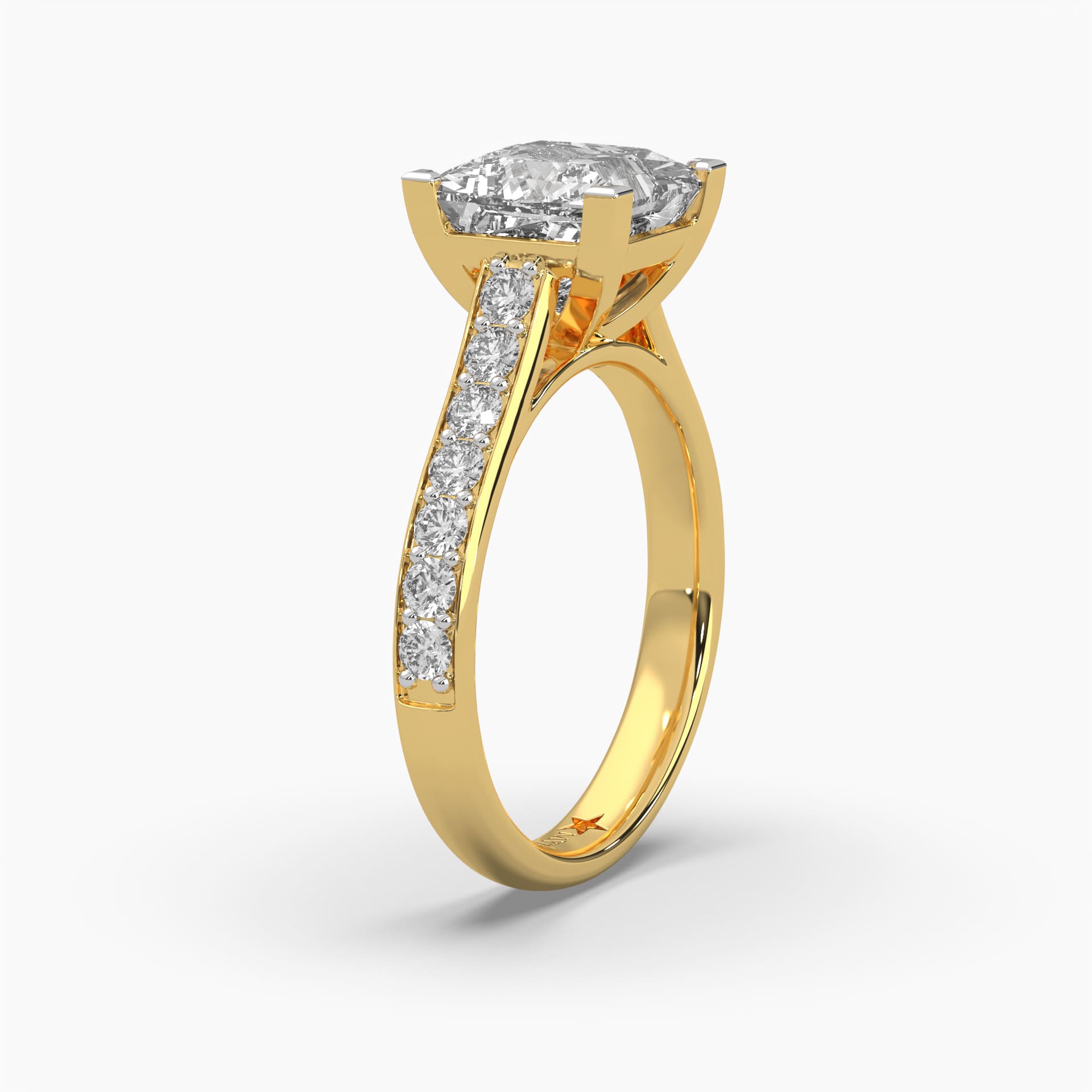 Standing side view of MYZA Diamonds' 3-carat eternity band featuring princess cut lab-grown diamonds in 18K hallmark gold. This angle highlights the elegant profile and precise setting of square-cut diamonds, emphasizing the ring’s luxurious, sustainable design and brilliant craftsmanship.