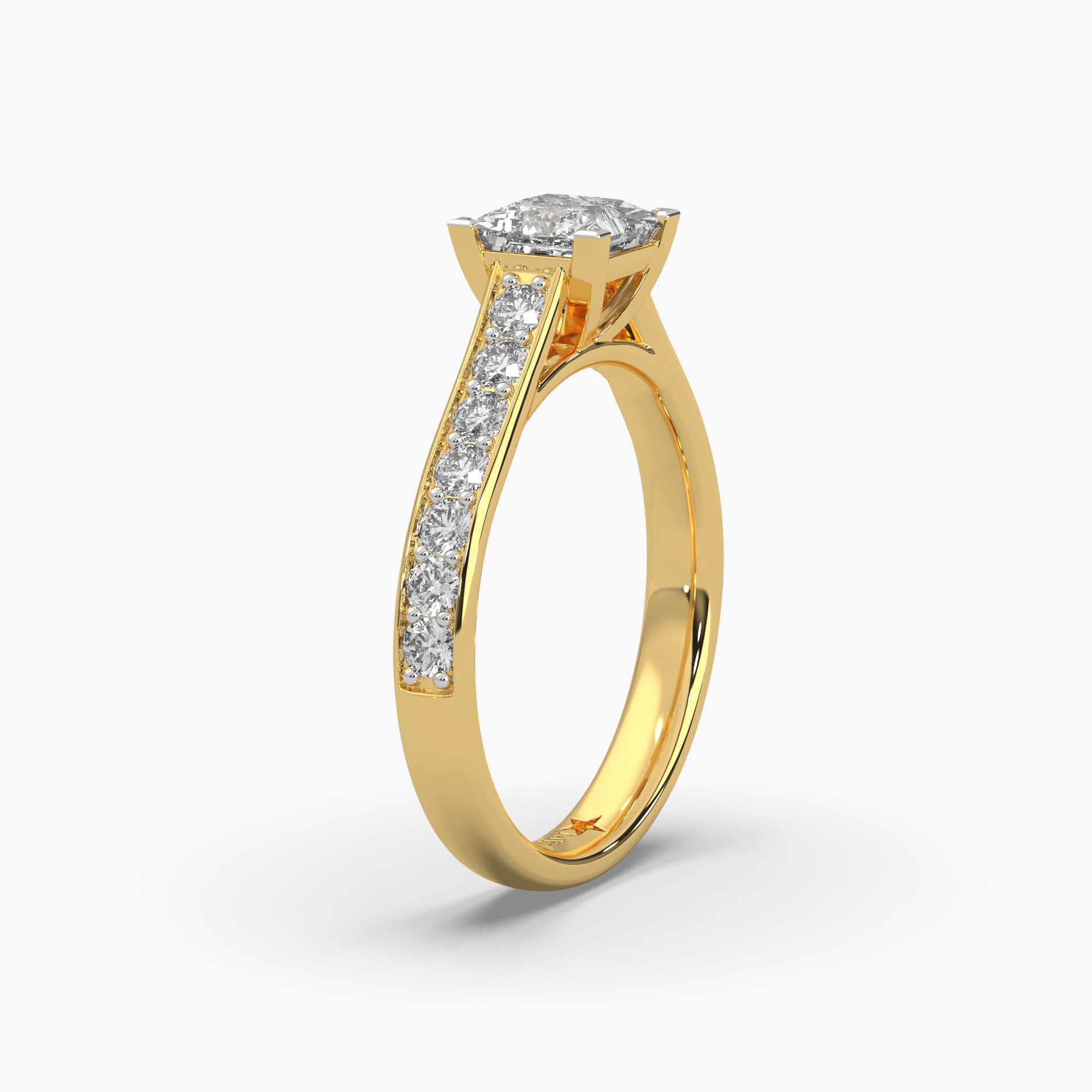 Standing side view of MYZA Diamonds' eternity band featuring princess cut lab-grown diamonds in 18K hallmark gold. This angle showcases the elegant profile of the ring, emphasizing the seamless setting of square-cut diamonds and the fine craftsmanship, highlighting the luxurious and sustainable design.