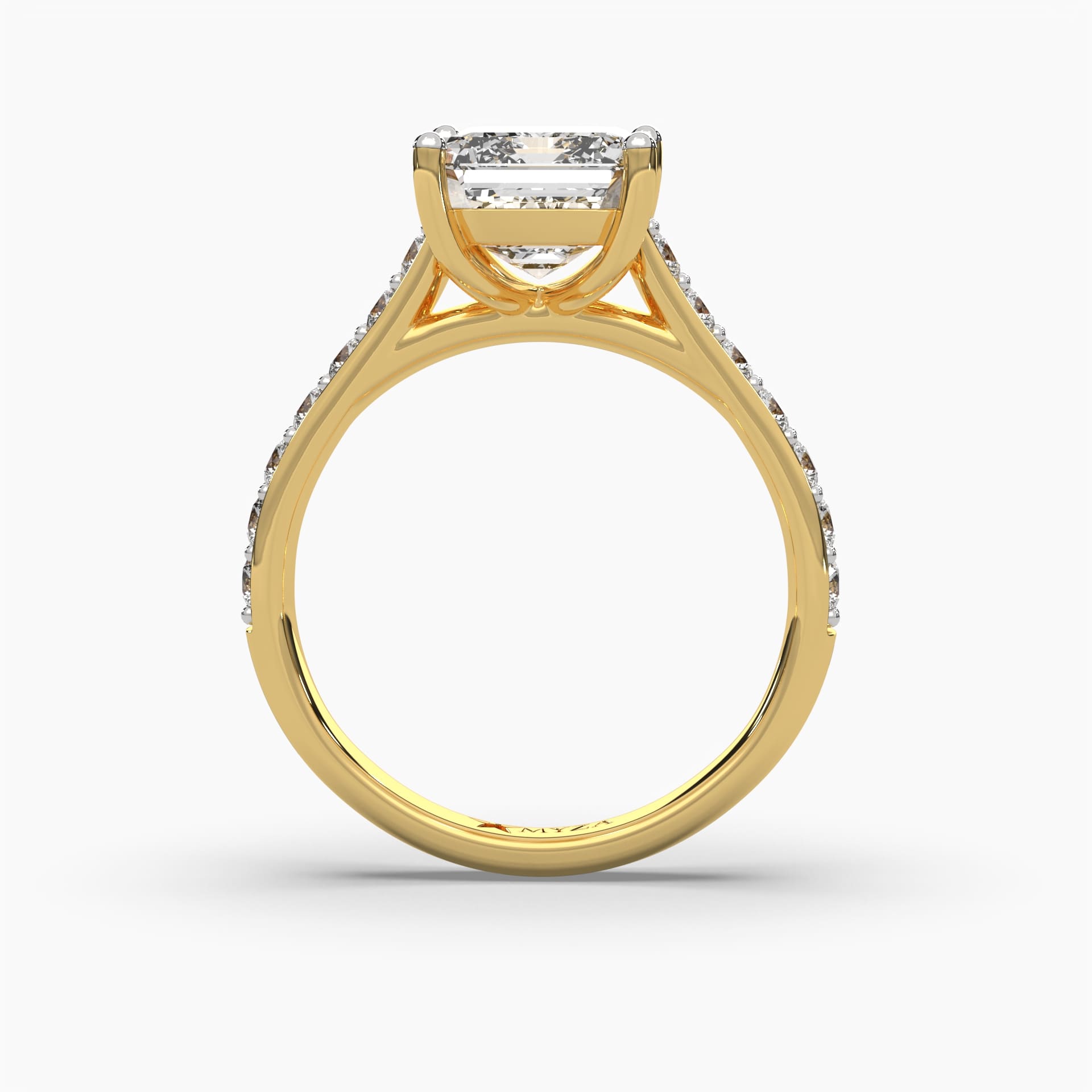Top angle view of MYZA Diamonds' 5-carat eternity band emerald cut lab-grown diamond ring in 18K hallmark gold. This angle showcases the brilliance of the emerald cut diamonds along the band and the sleek, continuous design, ideal for an elegant and sustainable engagement or wedding ring