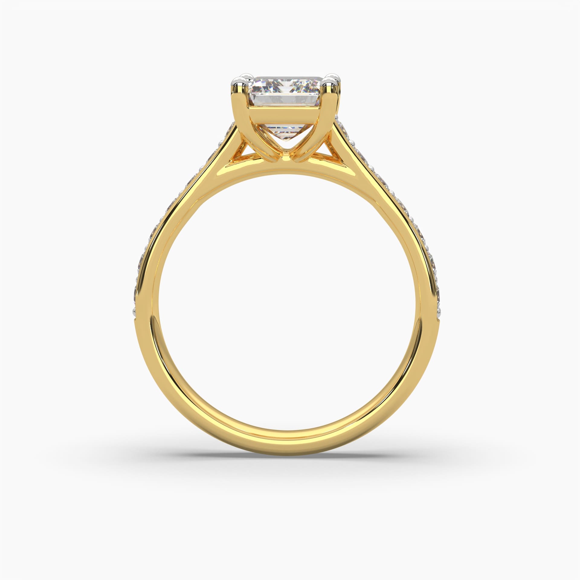 Top angle view of MYZA Diamonds' eternity band emerald cut lab-grown diamond ring in 18K hallmark gold. This perspective highlights the continuous row of sparkling emerald cut diamonds set across the band, showcasing the elegant and sustainable design, perfect for an engagement or wedding ring.