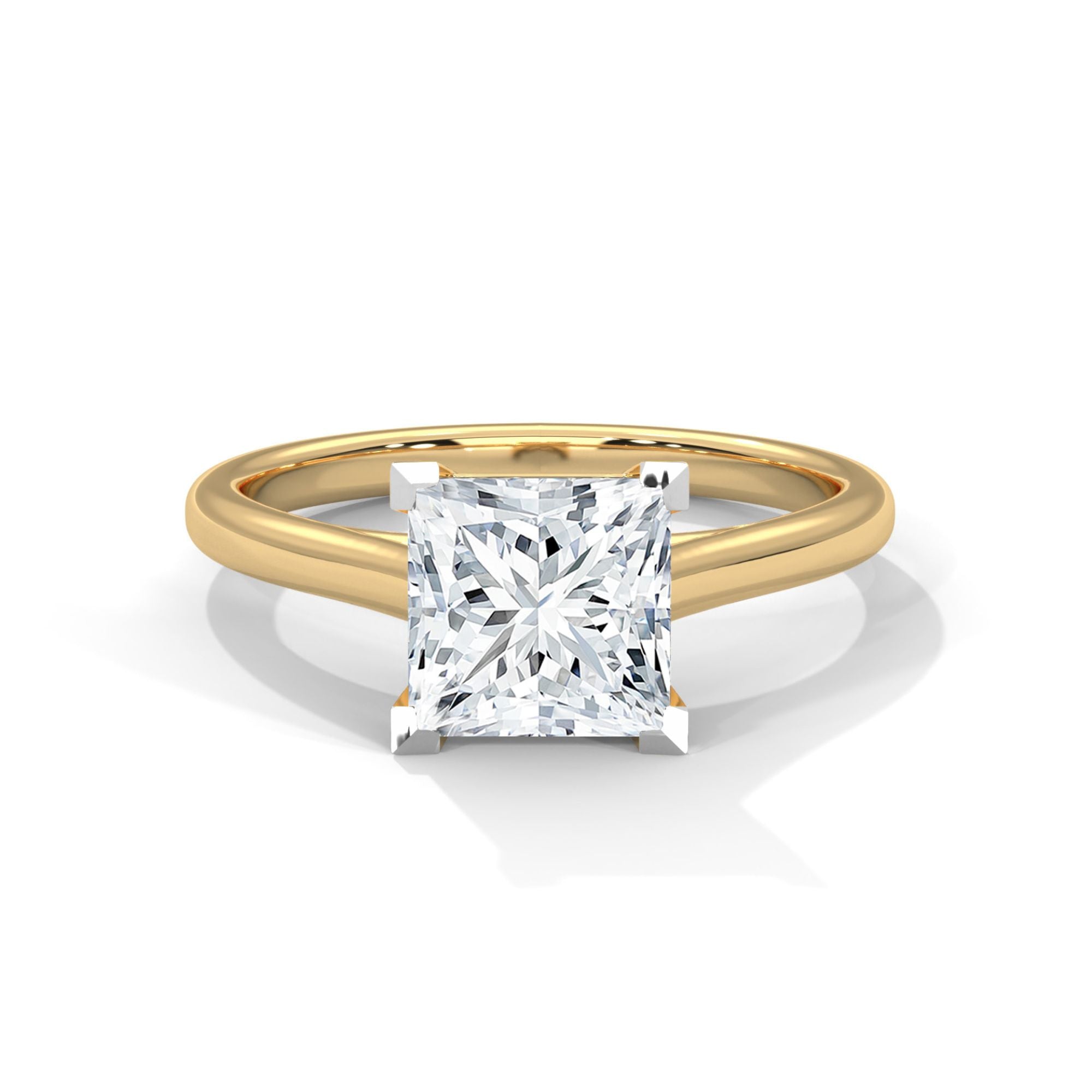  Exquisite 3-carat princess cut diamond ring with a yellow gold band, front view. This luxurious and timeless ring showcases a high-quality lab-grown diamond, perfect for special occasions or as a statement piece.