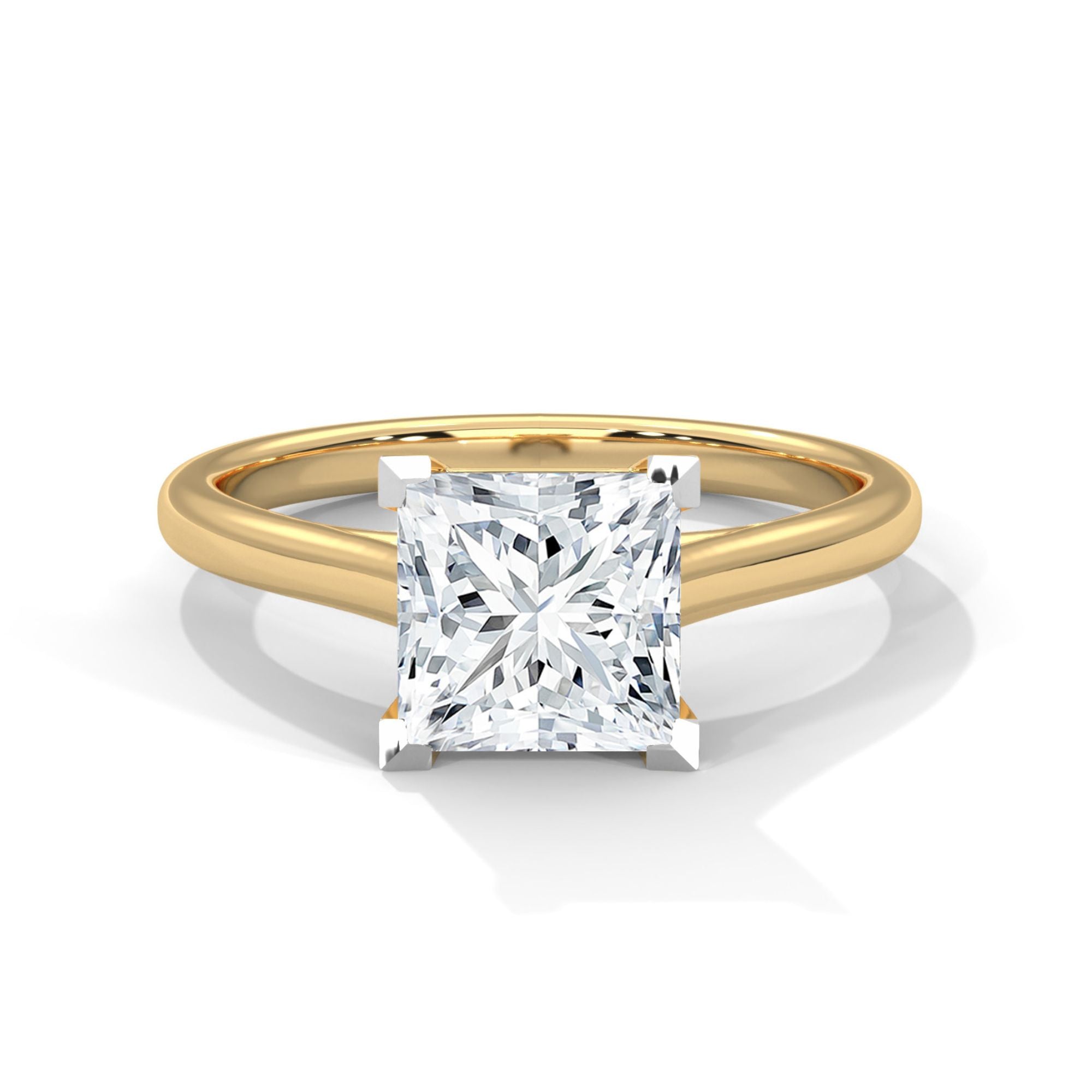 4-carat princess cut diamond ring with a yellow gold band, front view. This stunning and classic ring features a high-quality lab-grown diamond, offering a luxurious and elegant choice for engagements or high-end gifts.