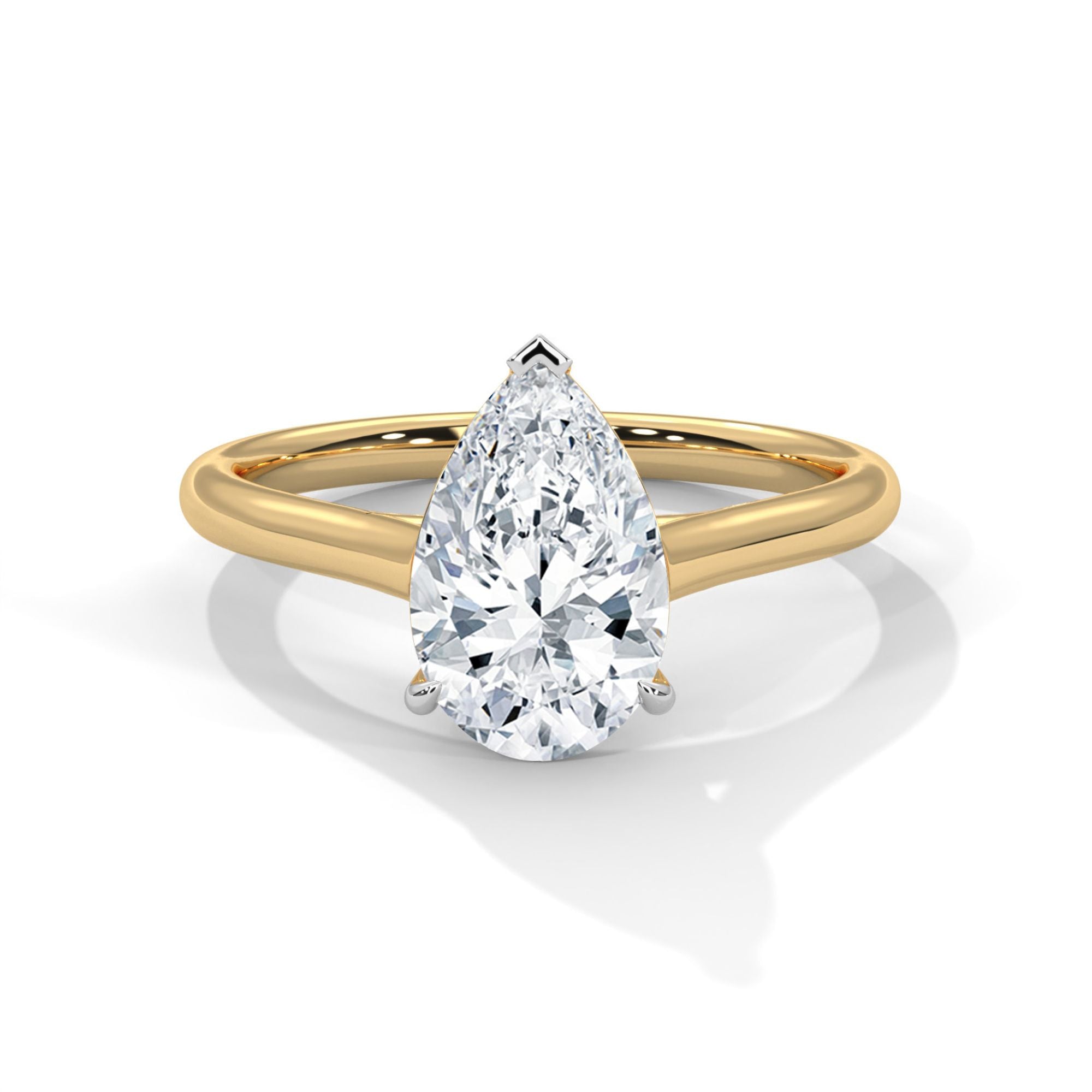 MYZA classic 3-carat pear-shaped lab-grown diamond ring with a plain yellow gold band, shown from the front view. This luxurious ring highlights the substantial size and elegant shape of the diamond, paired with the timeless simplicity of the band.