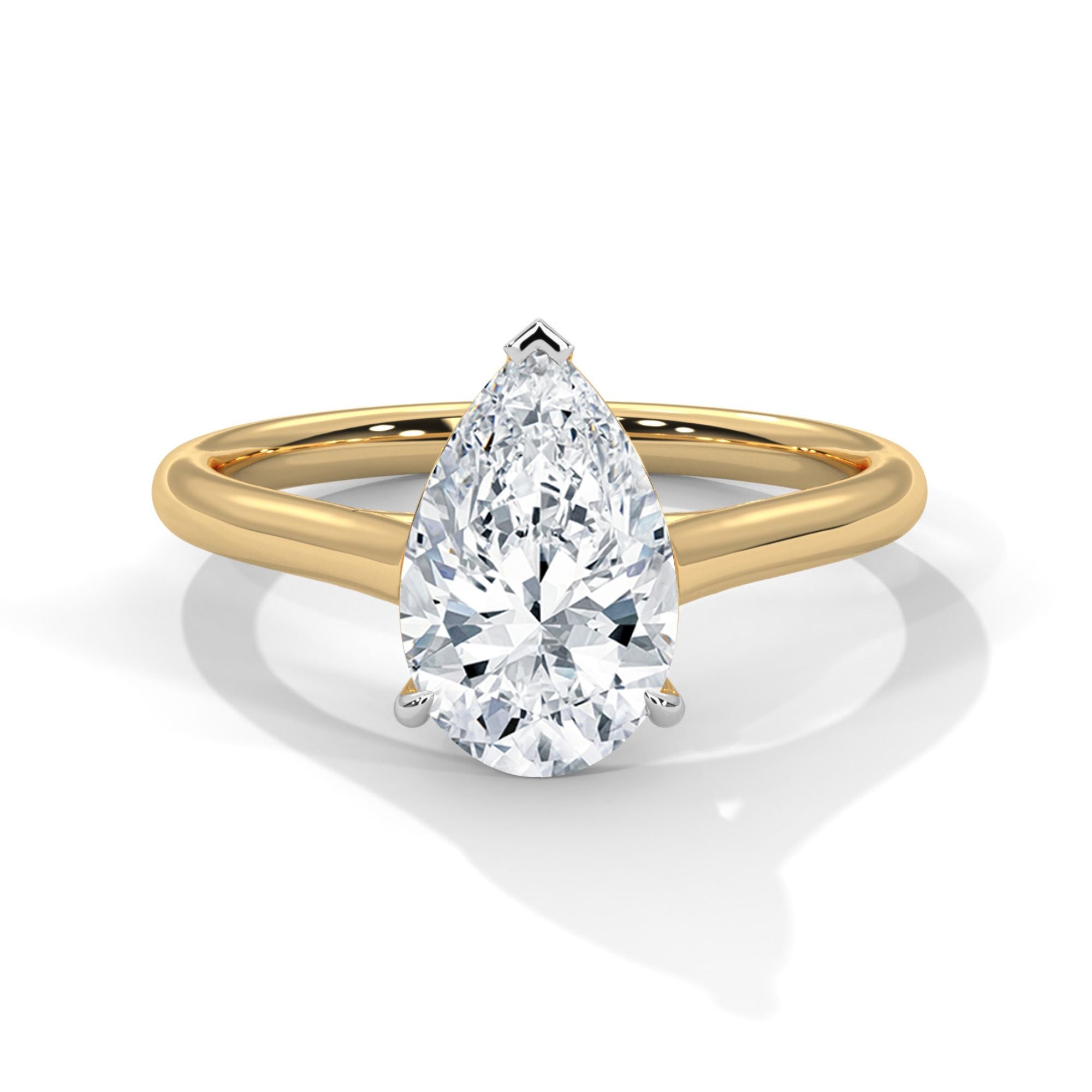 MYZA classic 4-carat pear-shaped lab-grown diamond ring with a plain yellow gold band, shown from the front view. This elegant ring showcases the substantial size and refined shape of the diamond, emphasizing its luxurious appeal and timeless design.