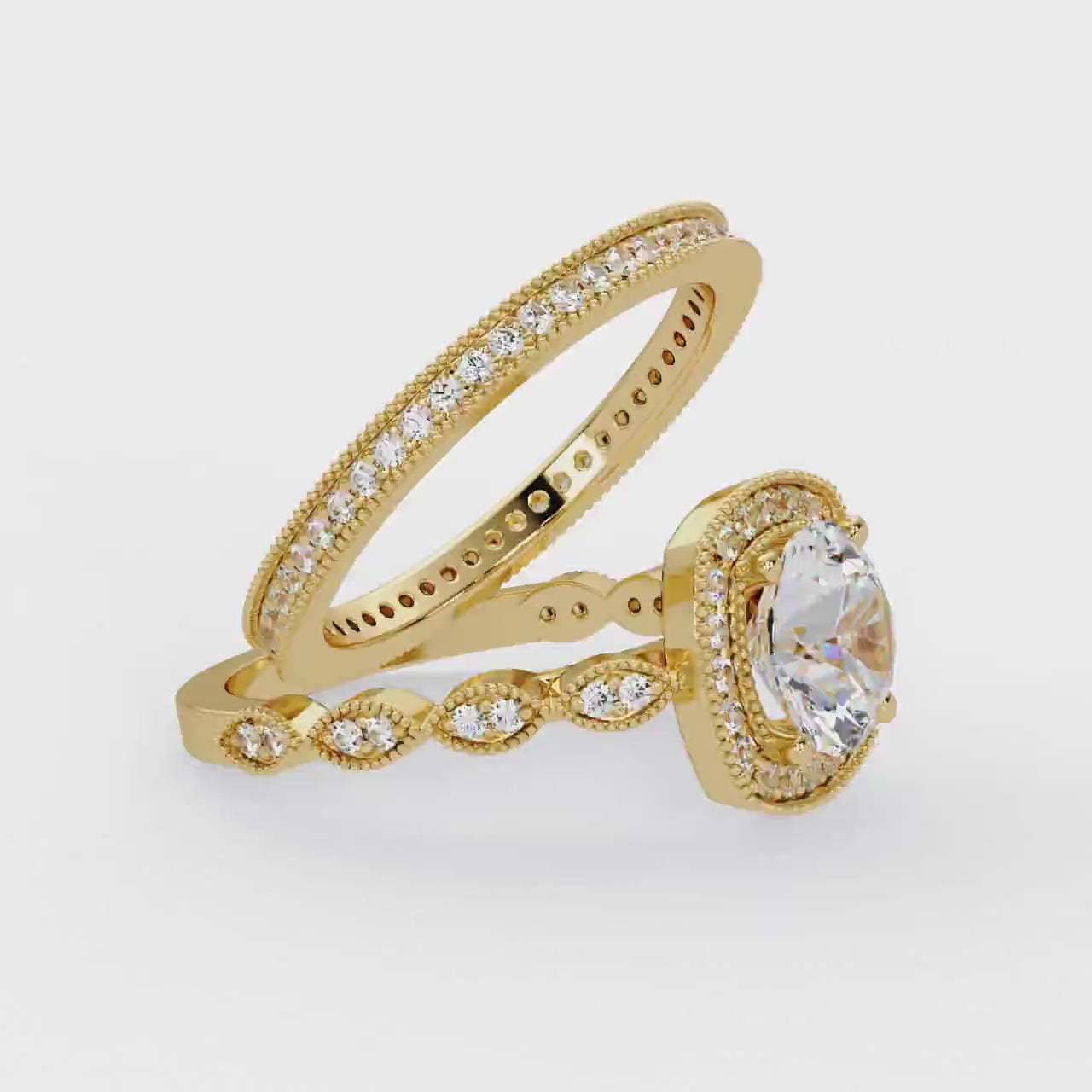 Shop MYZA 2.305 Ct IGI Certified Round Brilliant Lab-Grown Diamond Halo Stack Ring in 18K Hallmarked Gold with 87 side diamonds. Ethical luxury, certified brilliance.