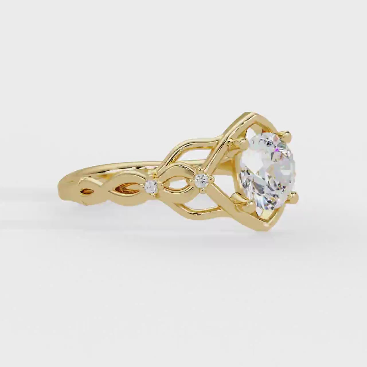 Shop MYZA's 1 Carat IGI Certified Brilliant Cut Lab-Grown Diamond Celtic Knot Ring in 18K Hallmarked Gold with 4 side diamonds. Ethical luxury, BIS hallmarked.