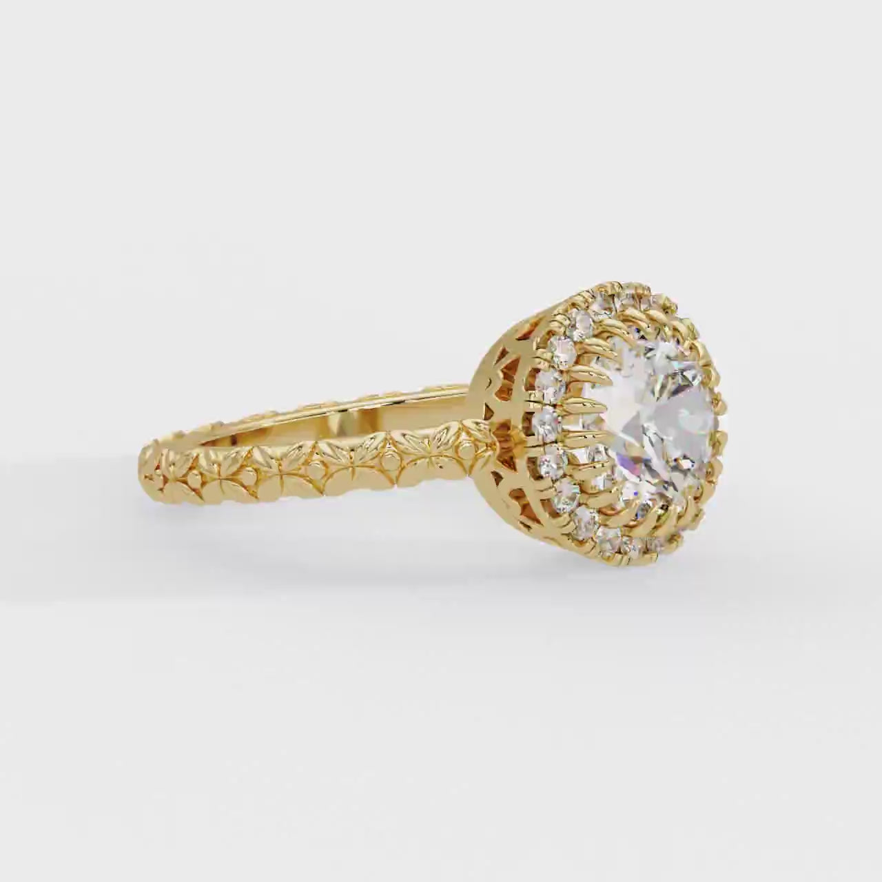 Shop MYZA 2 Carat IGI Certified Round Brilliant Lab-Grown Diamond Halo Ring in 18K Hallmarked Gold with 20 side diamonds. Ethical luxury. Free shipping.