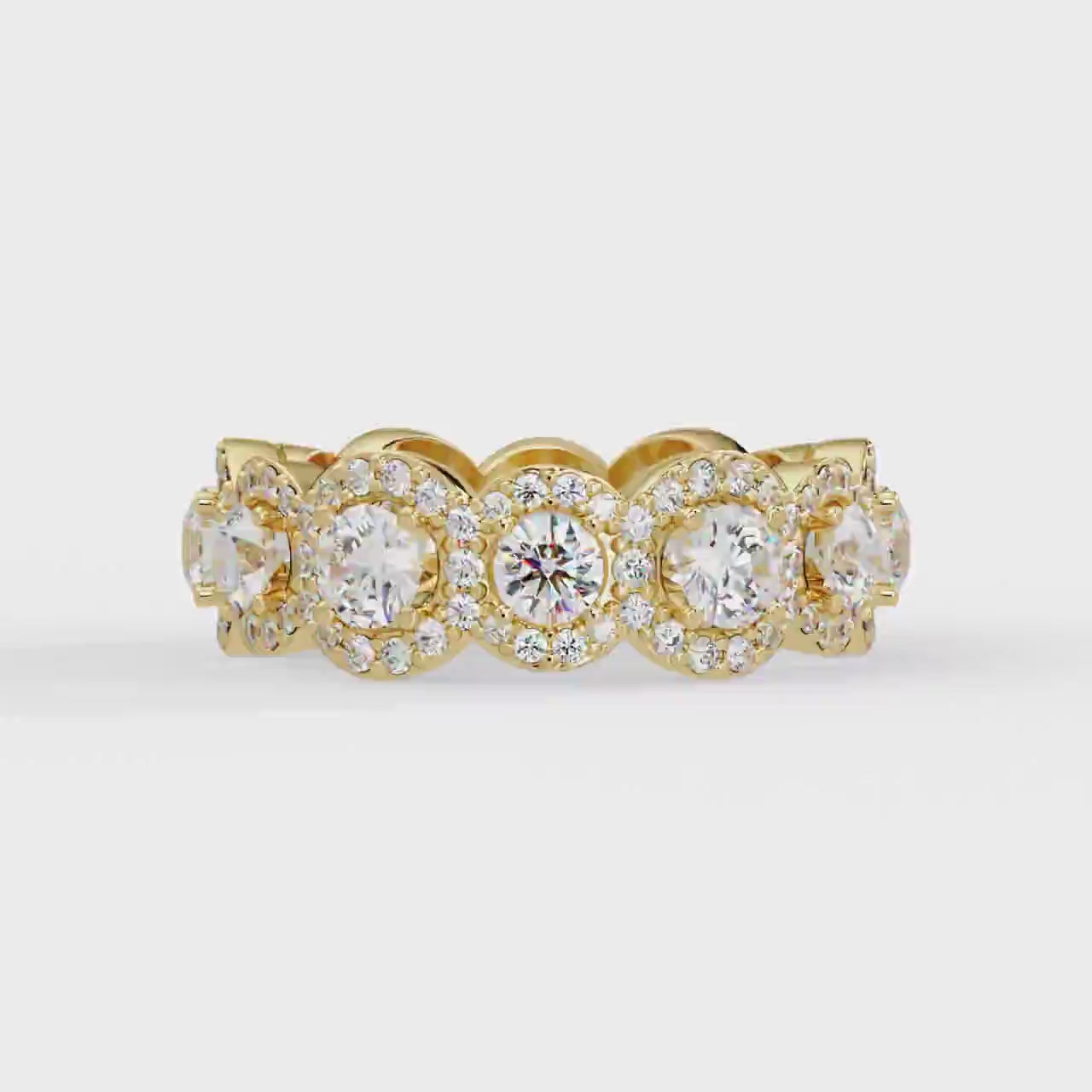 Shop MYZA's 4.065 carat IGI certified lab-grown diamond halo band ring in 18K hallmarked gold. 147 round brilliant cut diamonds. Ethical luxury, free shipping.