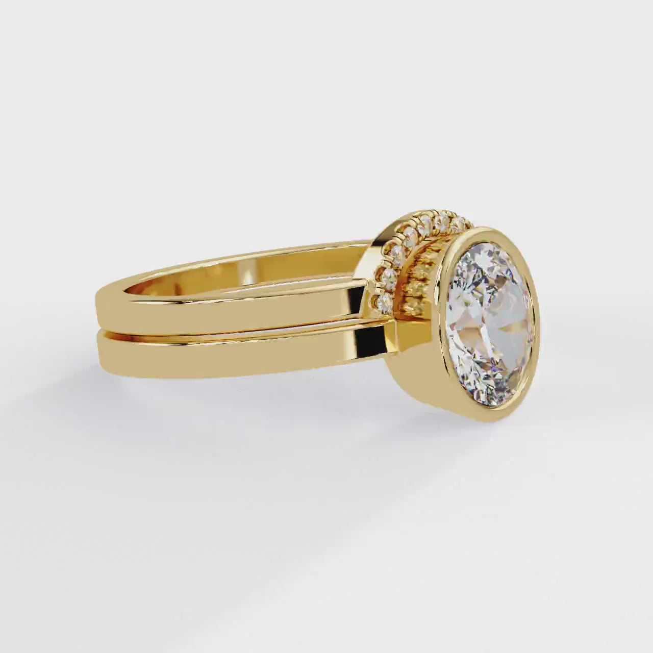 Shop MYZA's 2 Carat IGI Certified Oval Cut Lab-Grown Diamond Bridal Set Ring in 18K Hallmarked Gold with 10 round side diamonds. Ethical luxury, certified brilliance.